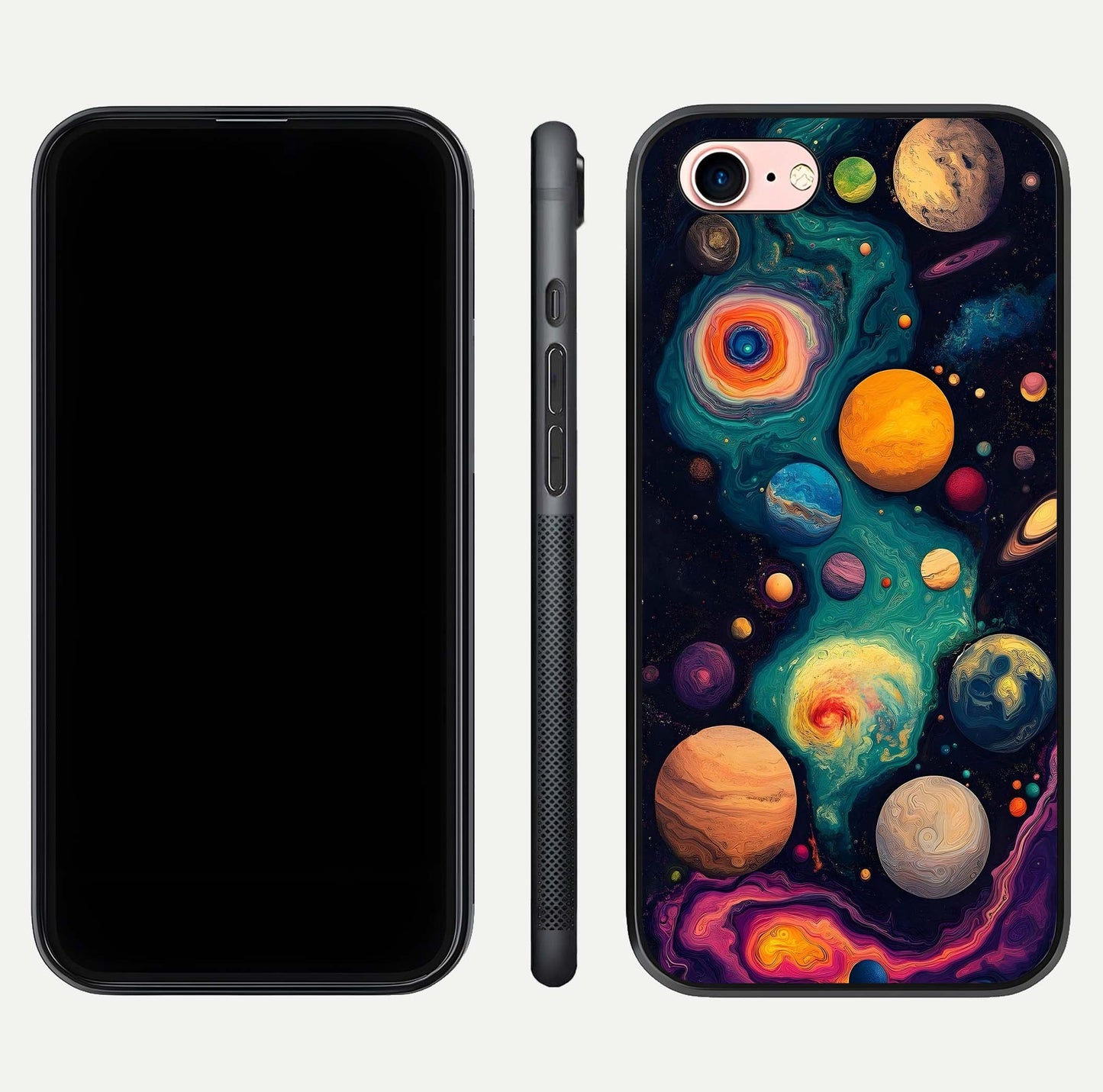 Cosmic Planet Journey Glass Case for iPhone 6 Plus dual-view layout displaying colorful cosmic balance
