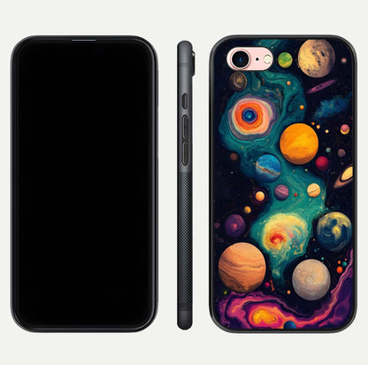Cosmic Planet Journey Glass Case for iPhone 6 Plus dual-view layout displaying colorful cosmic balance