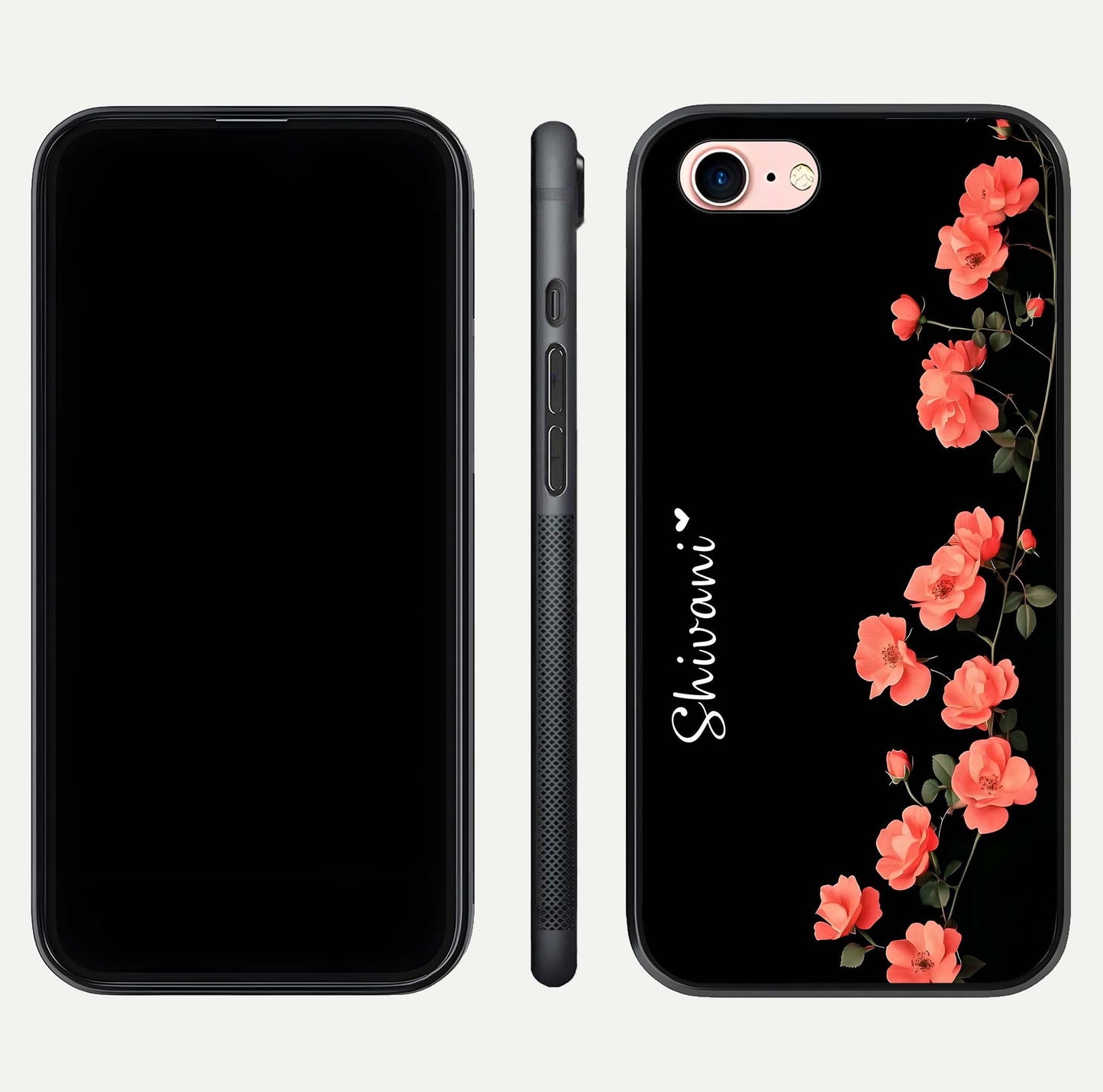 Crimson Bloom Grace Custom Name Glass Case for iPhone 6 Plus dual-view layout displaying custom text and smooth curved edges