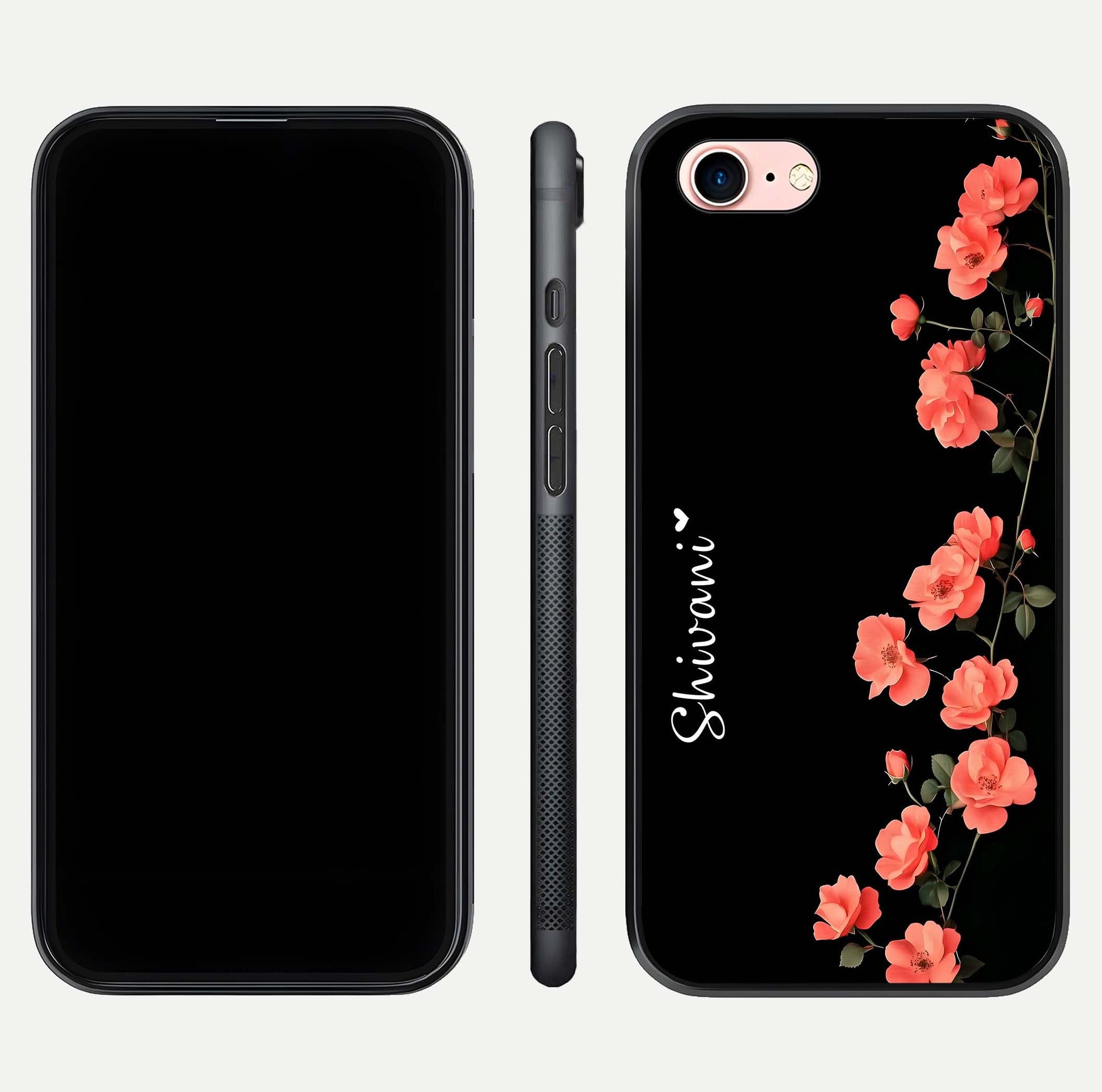Crimson Bloom Grace Custom Name Glass Case for iPhone 6 Plus dual-view layout displaying custom text and smooth curved edges