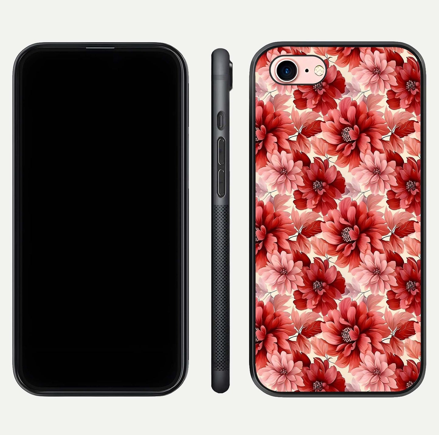 Crimson Love Petals Glass Case for iPhone 6 Plus dual-view layout displaying floral charm and curved glass
