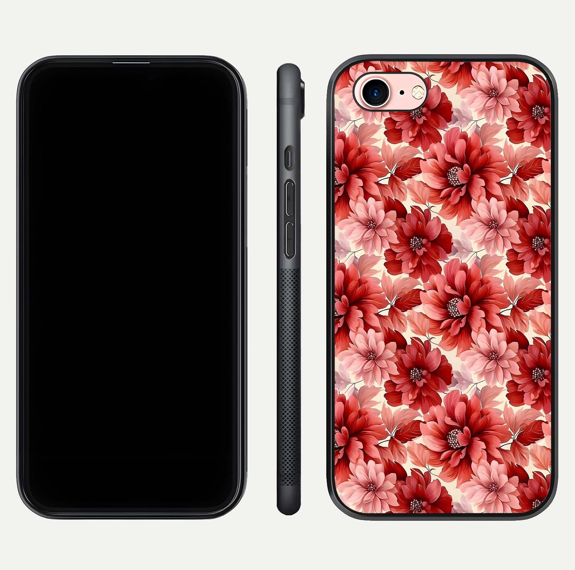 Crimson Love Petals Glass Case for iPhone 6 Plus dual-view layout displaying floral charm and curved glass