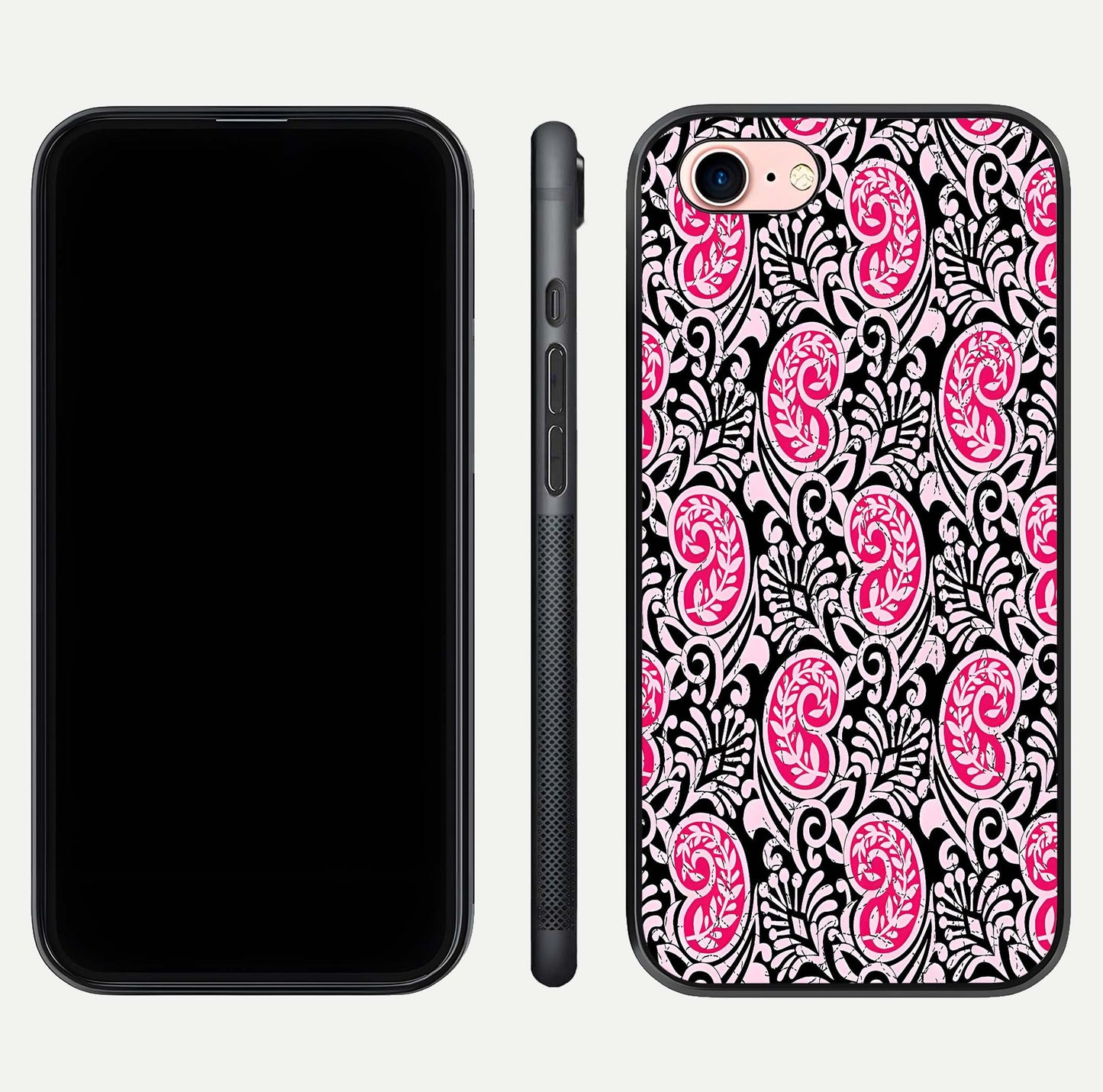 Crimson Paisley Charm Glass Case for iPhone 6 Plus dual-view layout displaying HD print and curved polish