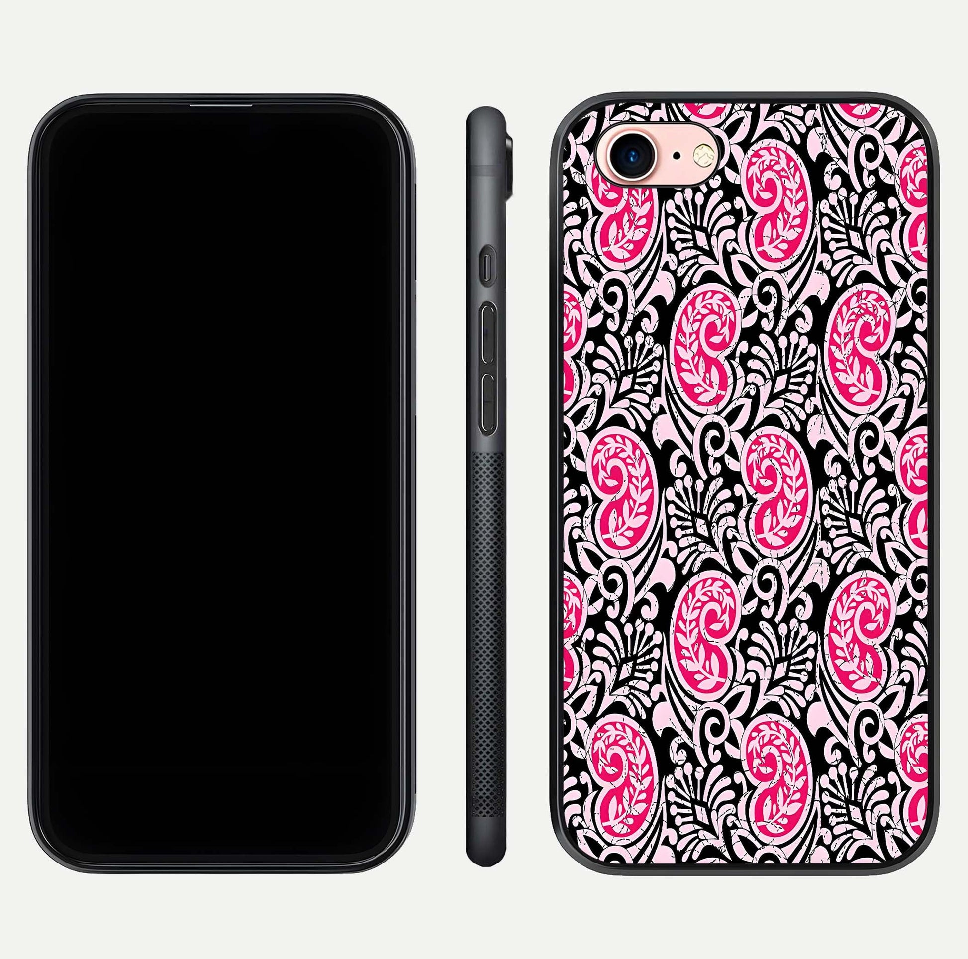 Crimson Paisley Charm Glass Case for iPhone 6 Plus dual-view layout displaying HD print and curved polish