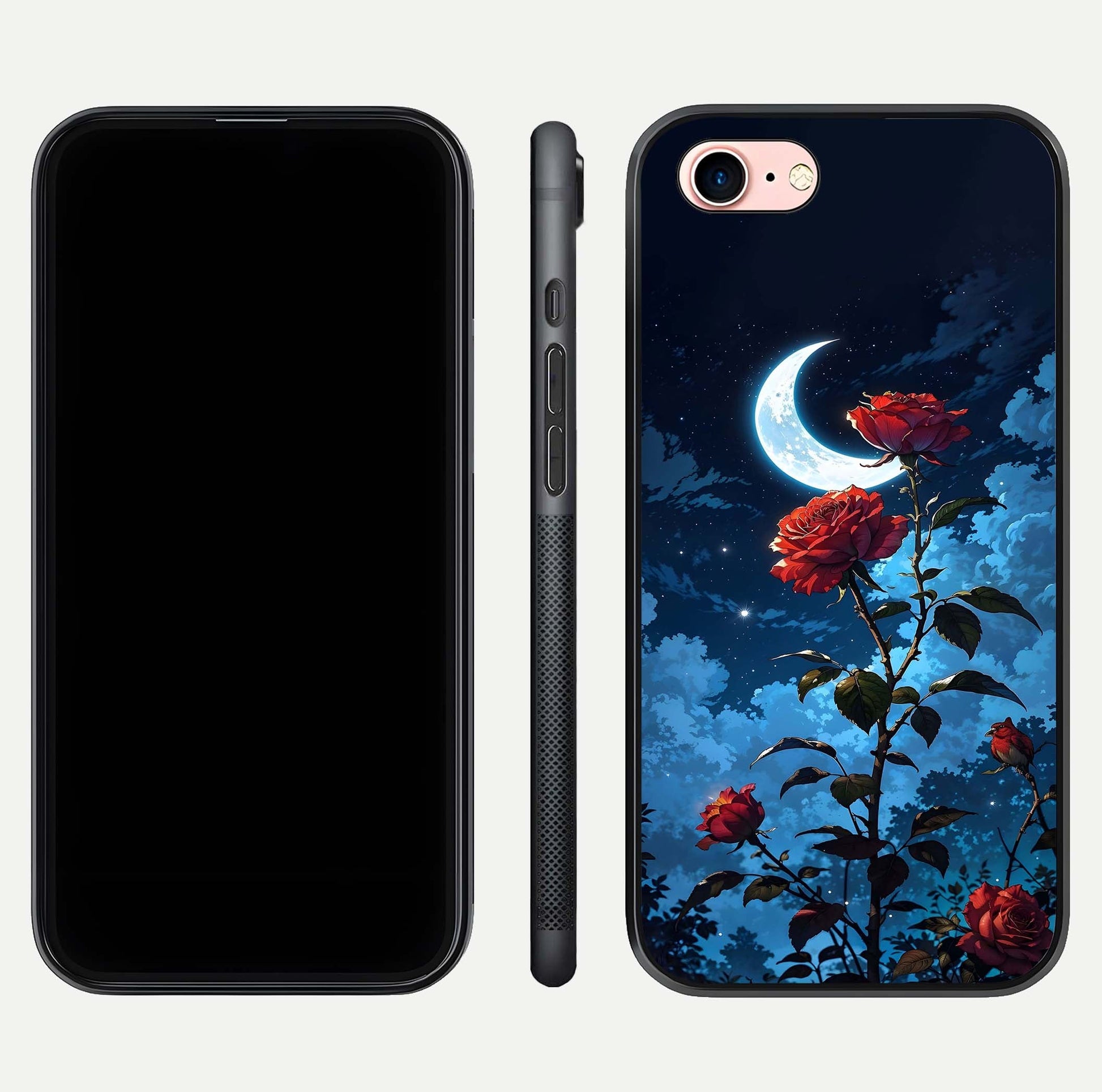 Crimson Rose Moon Glass Case for iPhone 6 Plus dual-view layout displaying red tones and soft gloss