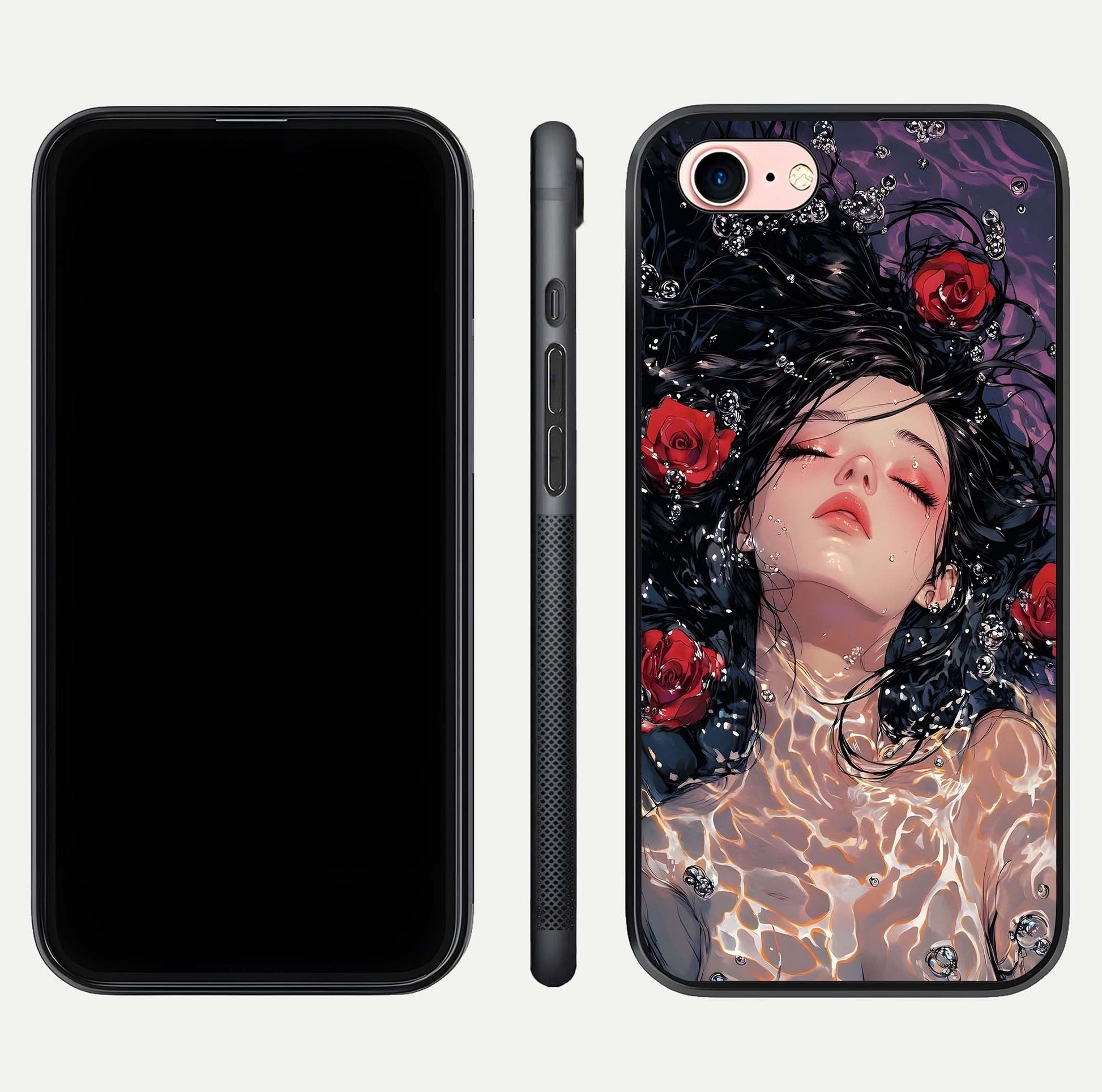 Crimson Rose Serenity Glass Case for iPhone 6 Plus dual-view layout displaying serenity tones and curved glass