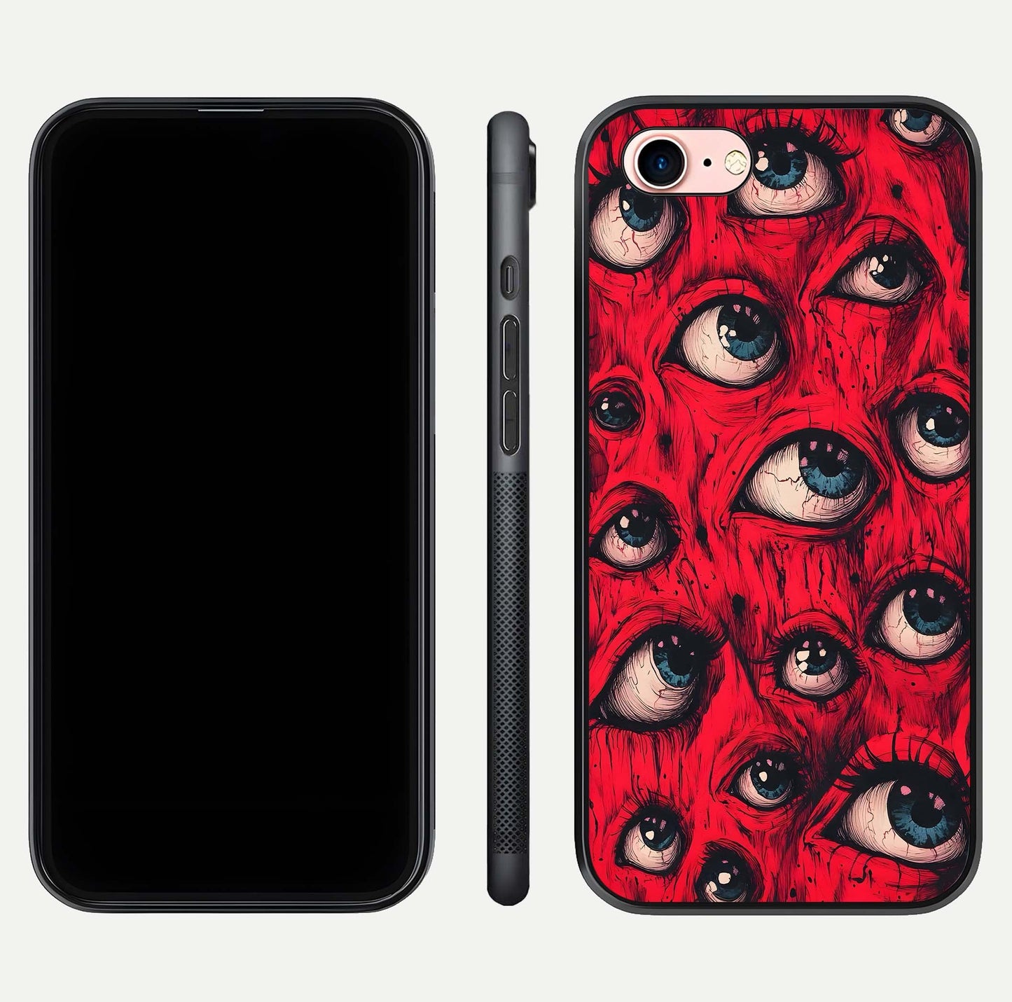 Crimson Watch Eyes Glass Case for iPhone 6 Plus dual-view layout displaying abstract tones and curved edges