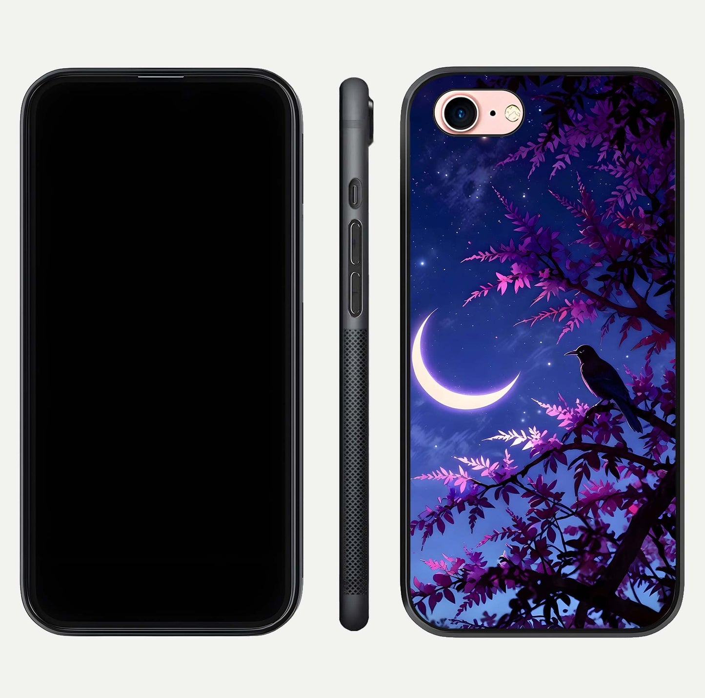 Crow & Moon Scenery Glass Case for iPhone 6 Plus dual-view layout displaying night sky art and curved glass edges
