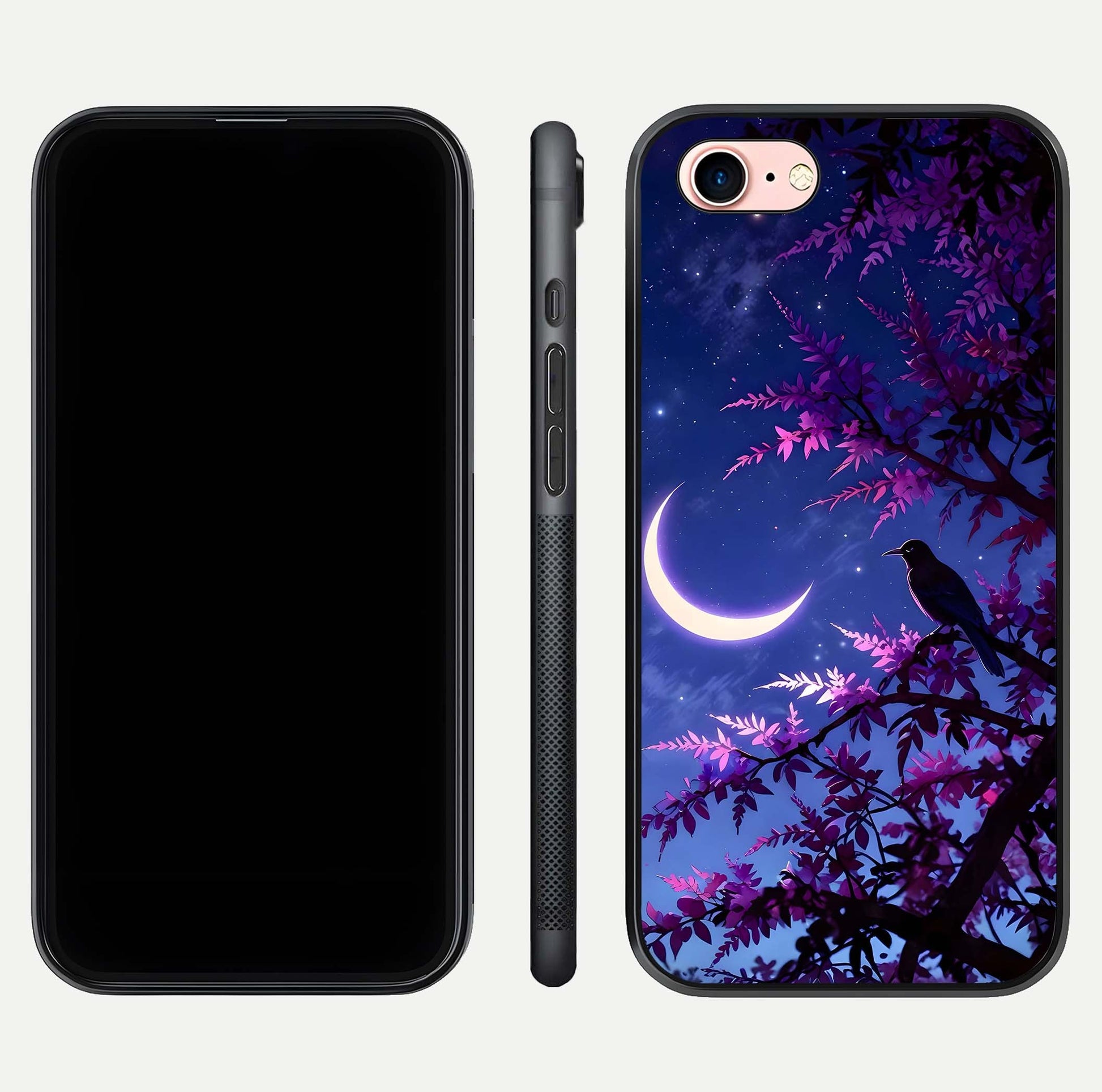 Crow & Moon Scenery Glass Case for iPhone 6 Plus dual-view layout displaying night sky art and curved glass edges