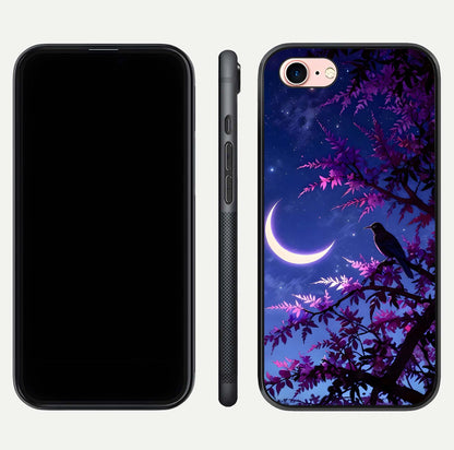 Crow & Moon Scenery Glass Case for iPhone 6 Plus dual-view layout displaying night sky art and curved glass edges