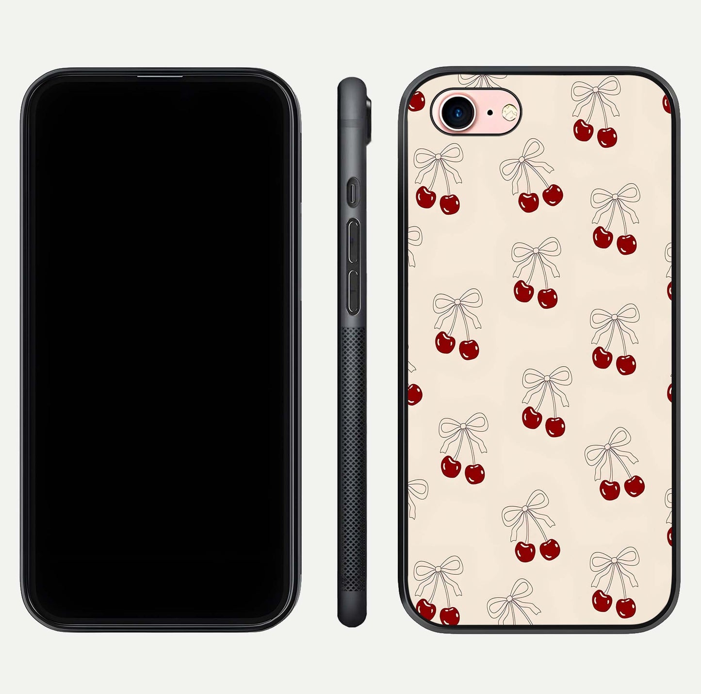 Cute Cherry Pattern Glass Case for iPhone 6 Plus dual-view layout displaying aesthetic fruit print and smooth edges