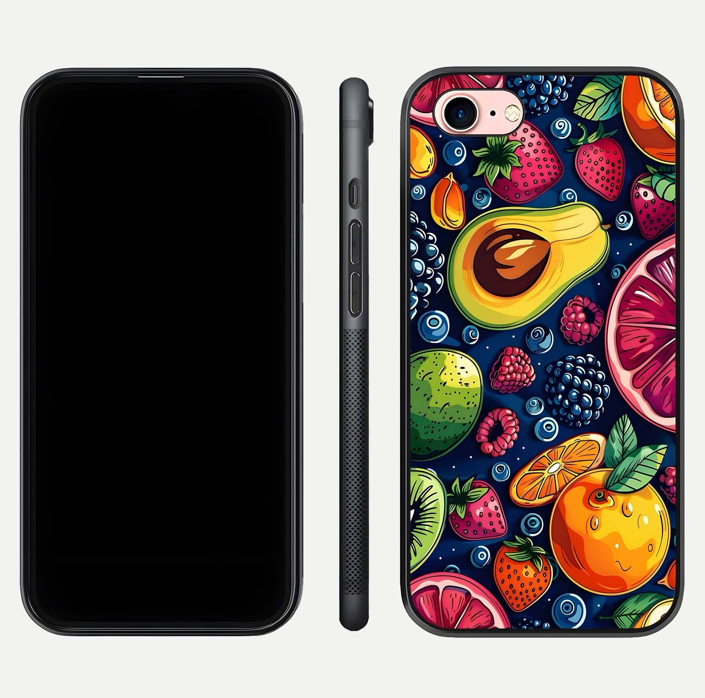 Cute Fruits Art Glass Case for iPhone 6 Plus dual-view layout displaying playful tones and curved design