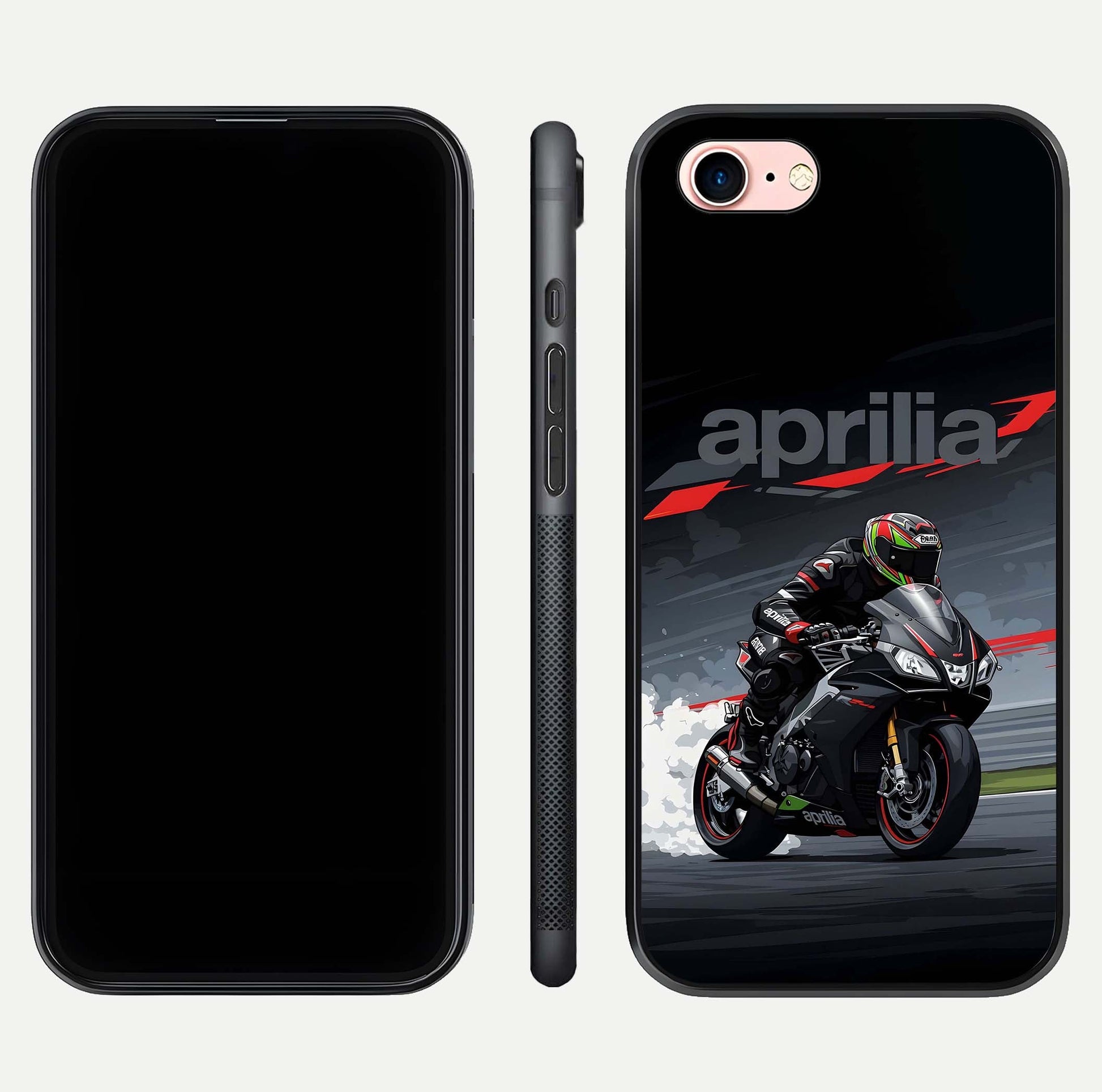 Dark Aprilla Glass Case for iPhone 6 Plus dual-view layout displaying sleek racing look and HD shine