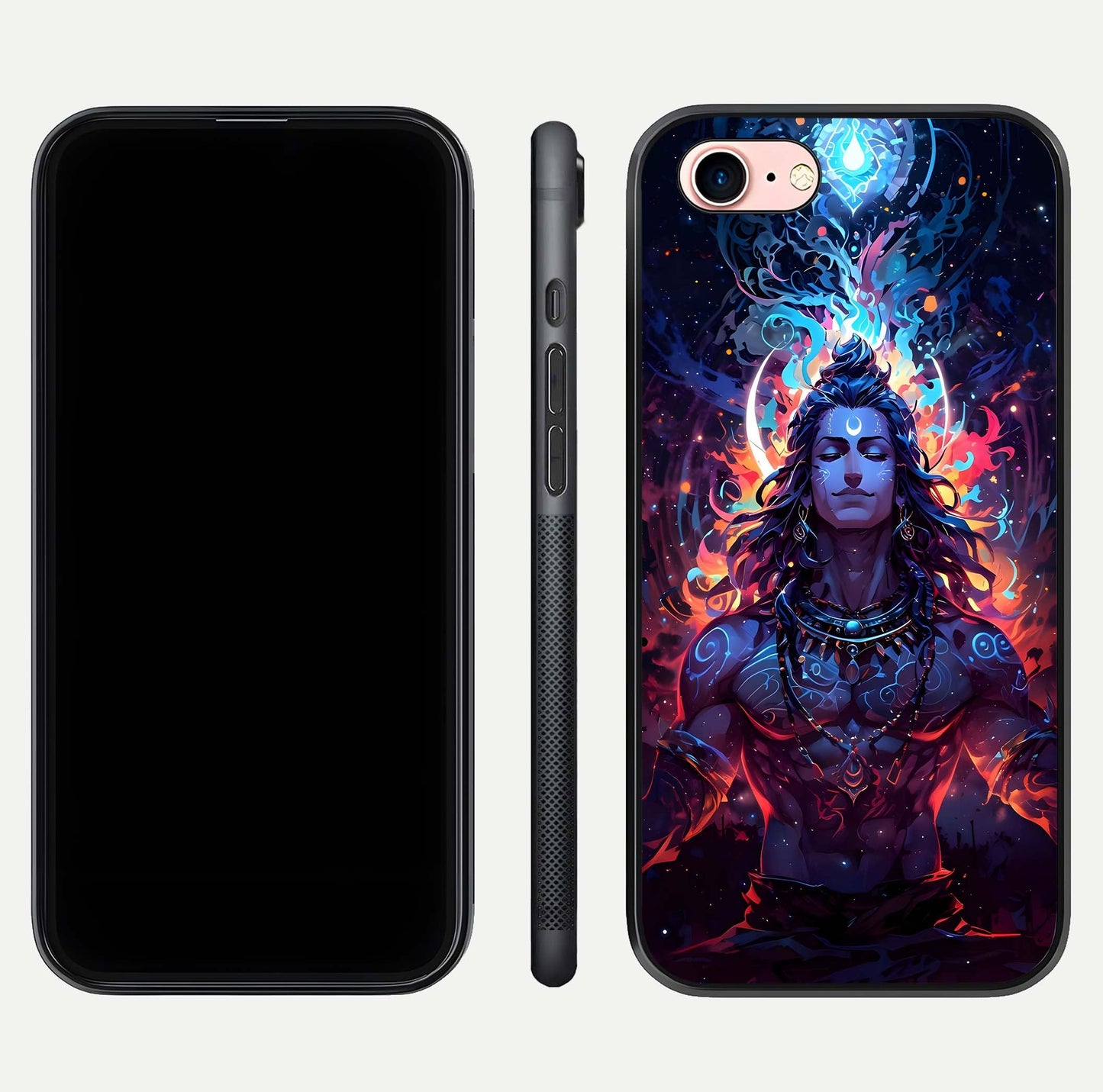 Divine Fire Shiv Glass Case for iPhone 6 Plus dual-view layout displaying HD deity print and curved edges