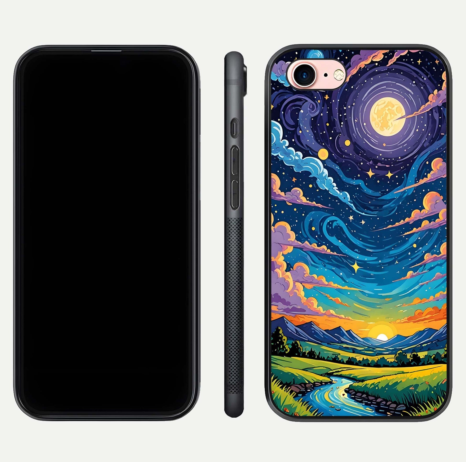 Dreamy Night Landscape Glass Case for iPhone 6 Plus dual-view layout displaying HD print and curved glass edges
