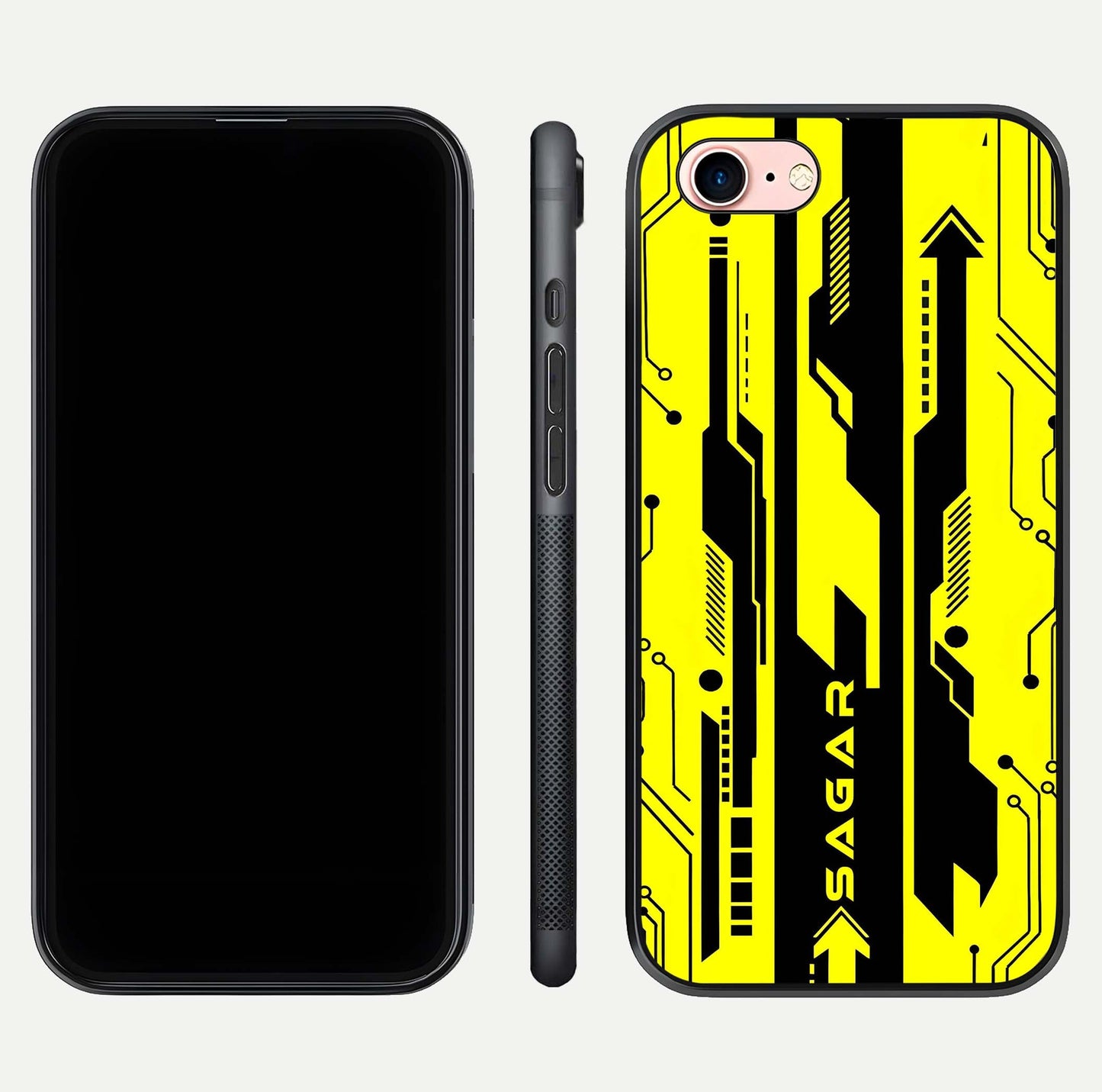 Electric Pulse CYBERPUNK Custom Name Glass Case for iPhone 6 Plus dual-view layout displaying futuristic hues and curved glass edges