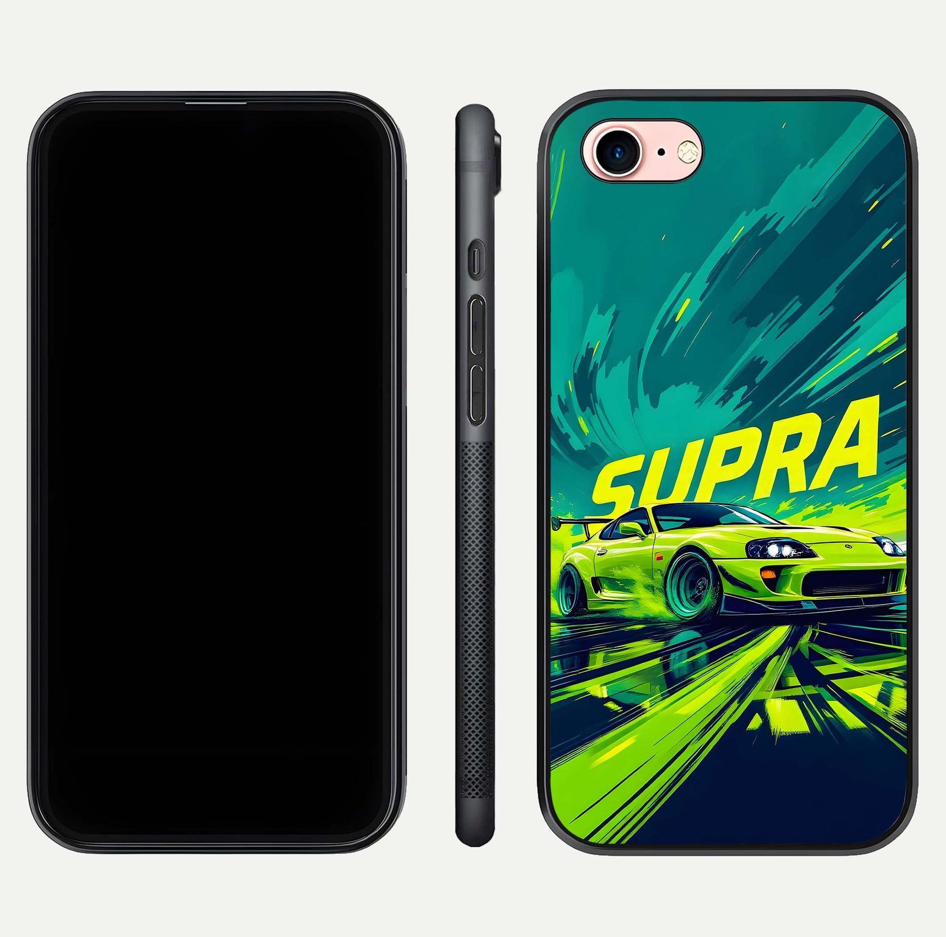Electric Supra Thunder Glass Case for iPhone 6 Plus dual-view layout displaying dynamic motion art and curved finish