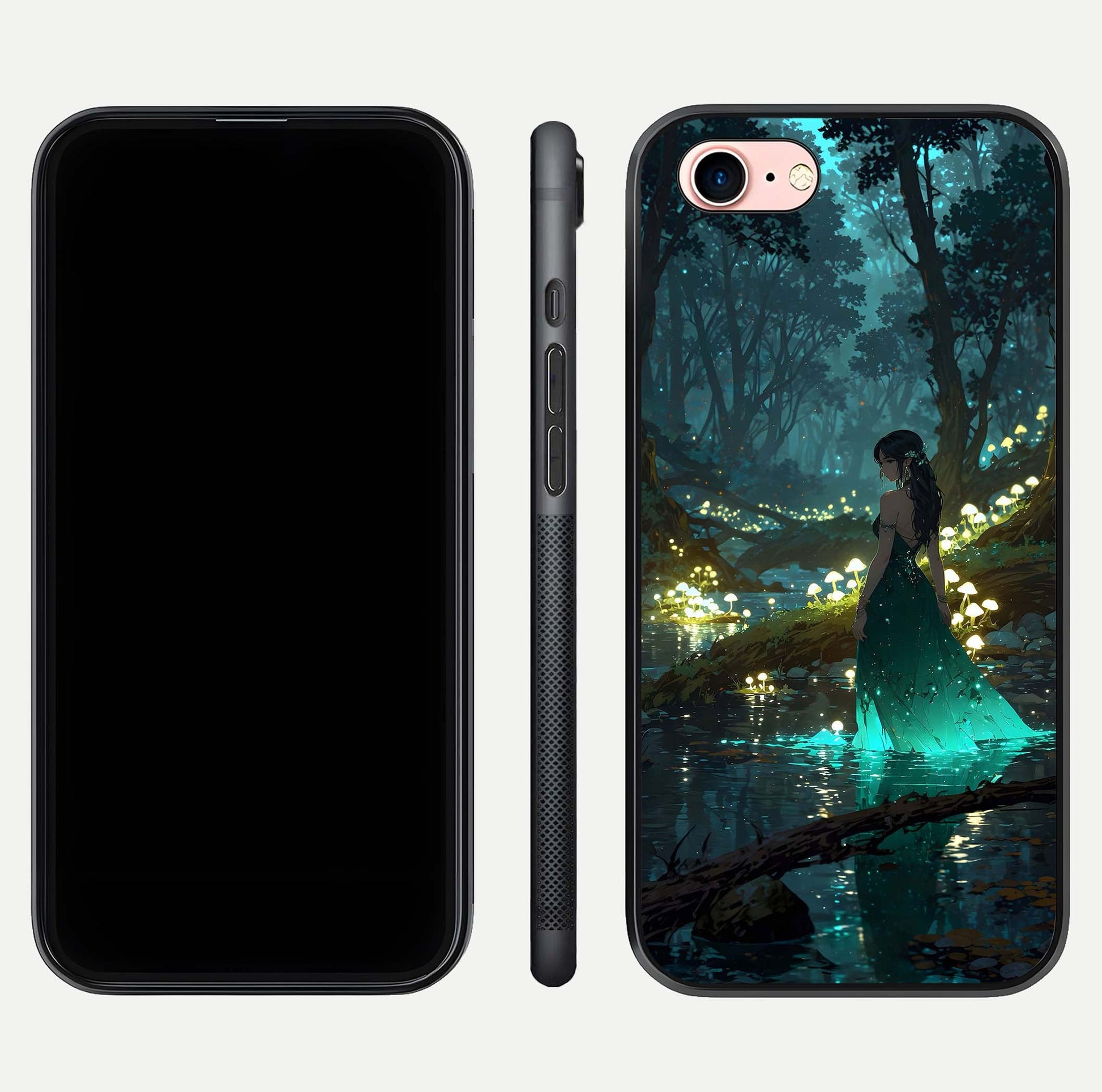 Enchanted Forest Glow Glass Case for iPhone 6 Plus dual-view layout displaying green tones and smooth glass
