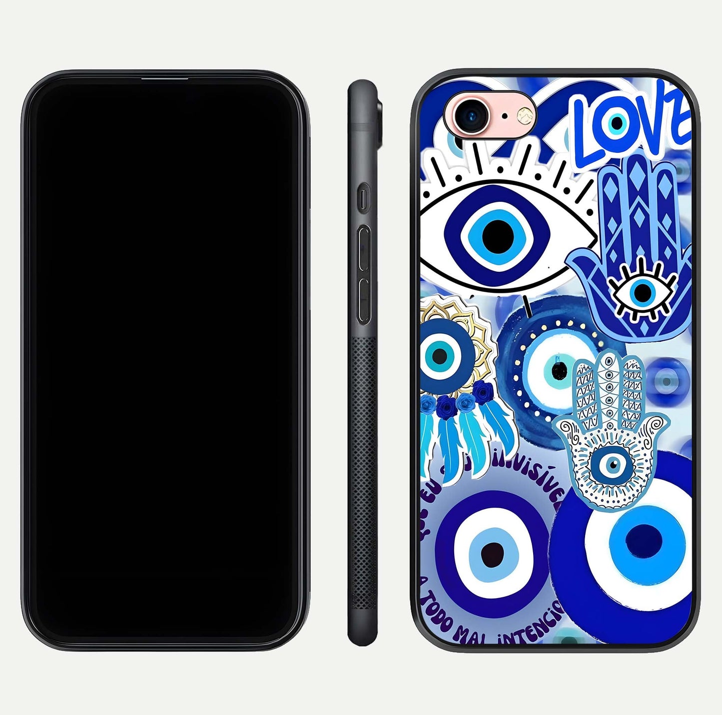 Evil Eyes Dream Glass Case for iPhone 6 Plus dual-view layout displaying spiritual motif and polished curved edge