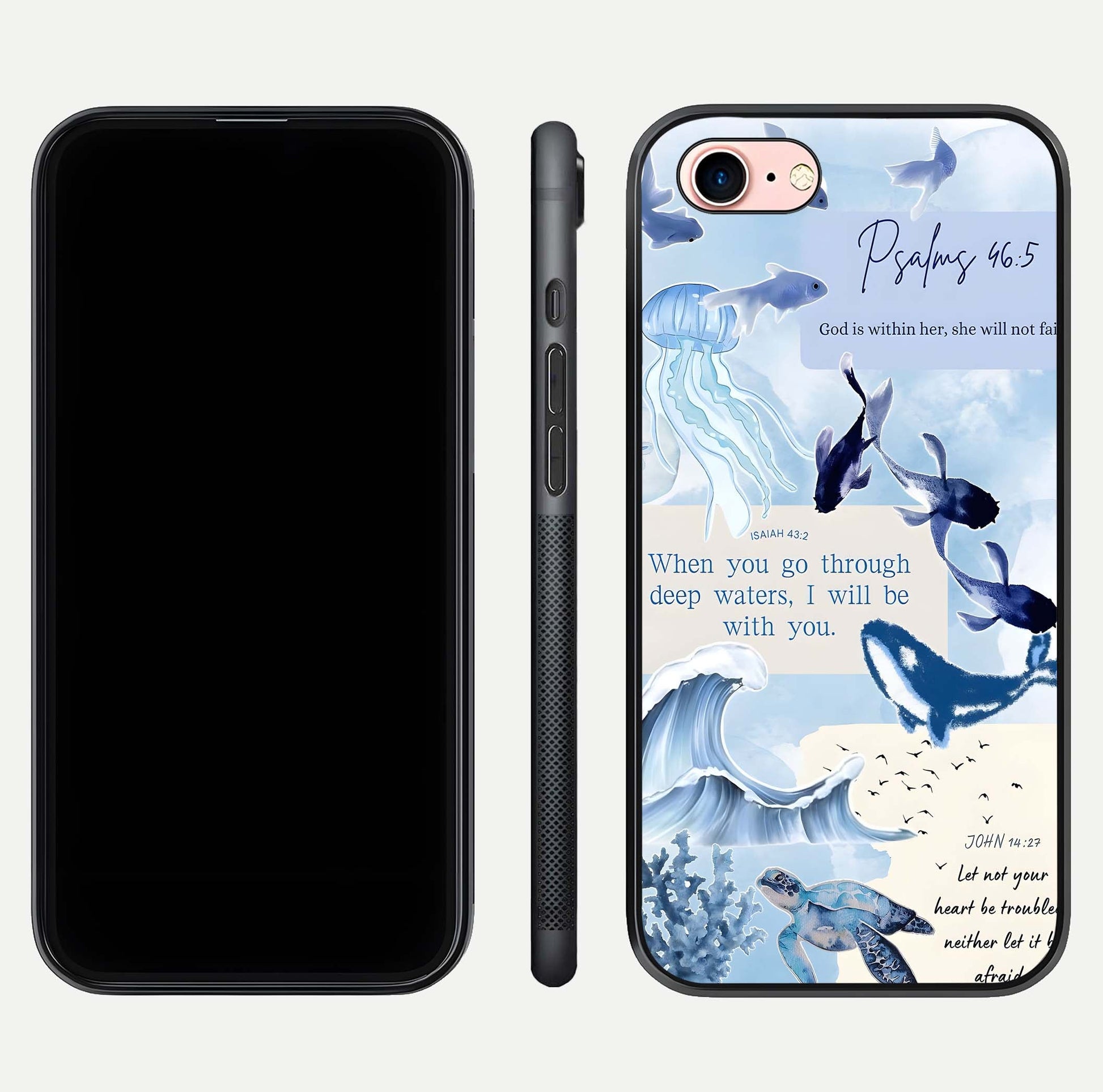 Faithful Ocean Promise Glass Case for iPhone 6 Plus dual-view layout showing sea horizon art and curved polish
