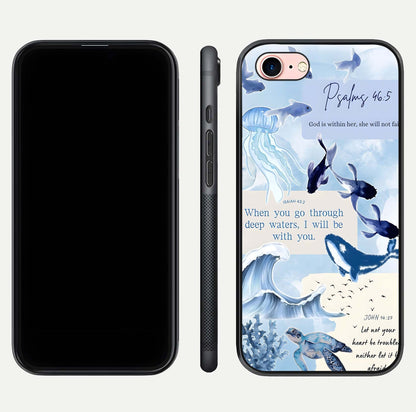 Faithful Ocean Promise Glass Case for iPhone 6 Plus dual-view layout showing sea horizon art and curved polish