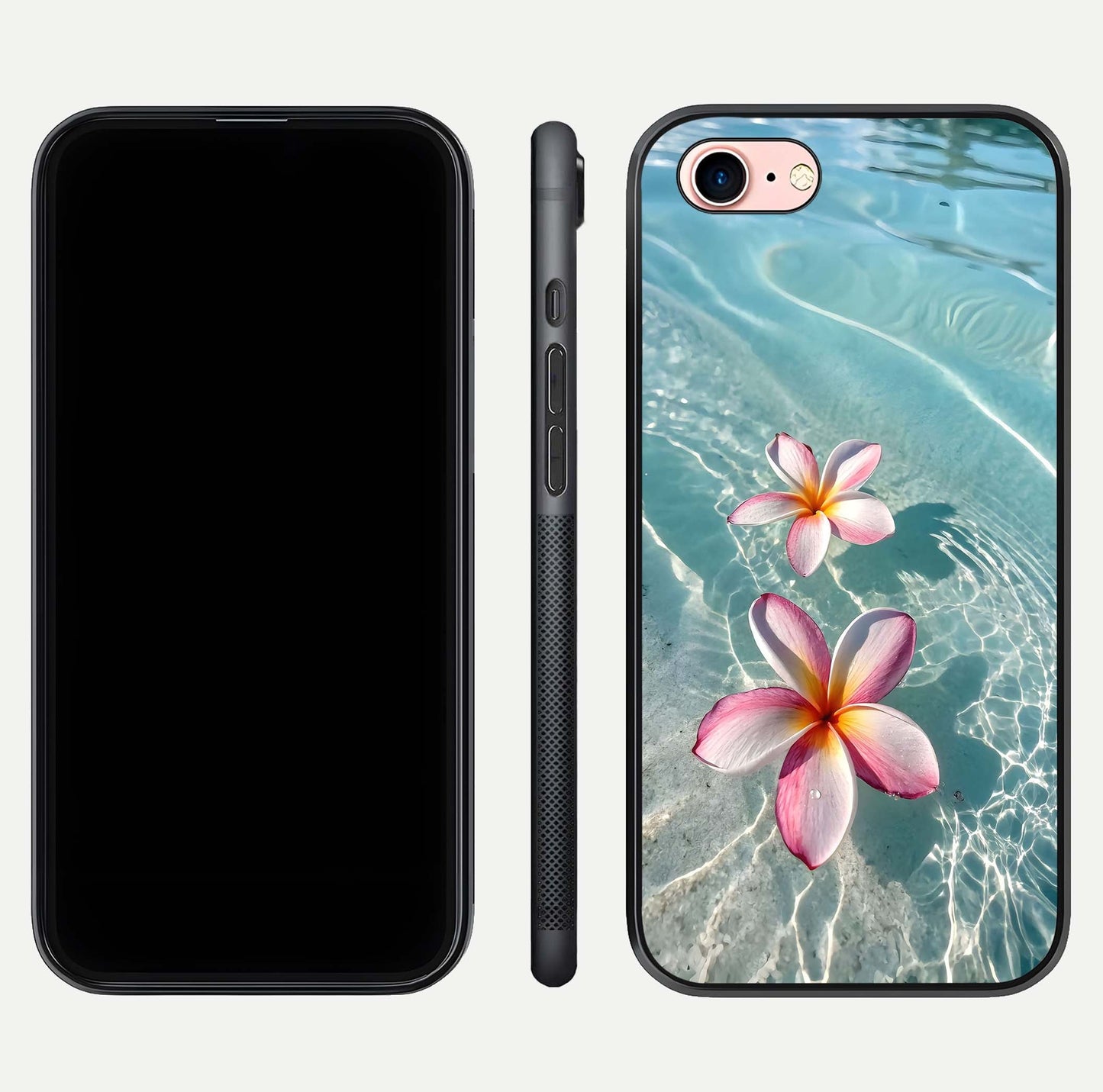Floating Bloom Bliss Glass Case for iPhone 6 Plus dual-view layout displaying soft pastel flowers and curved glass
