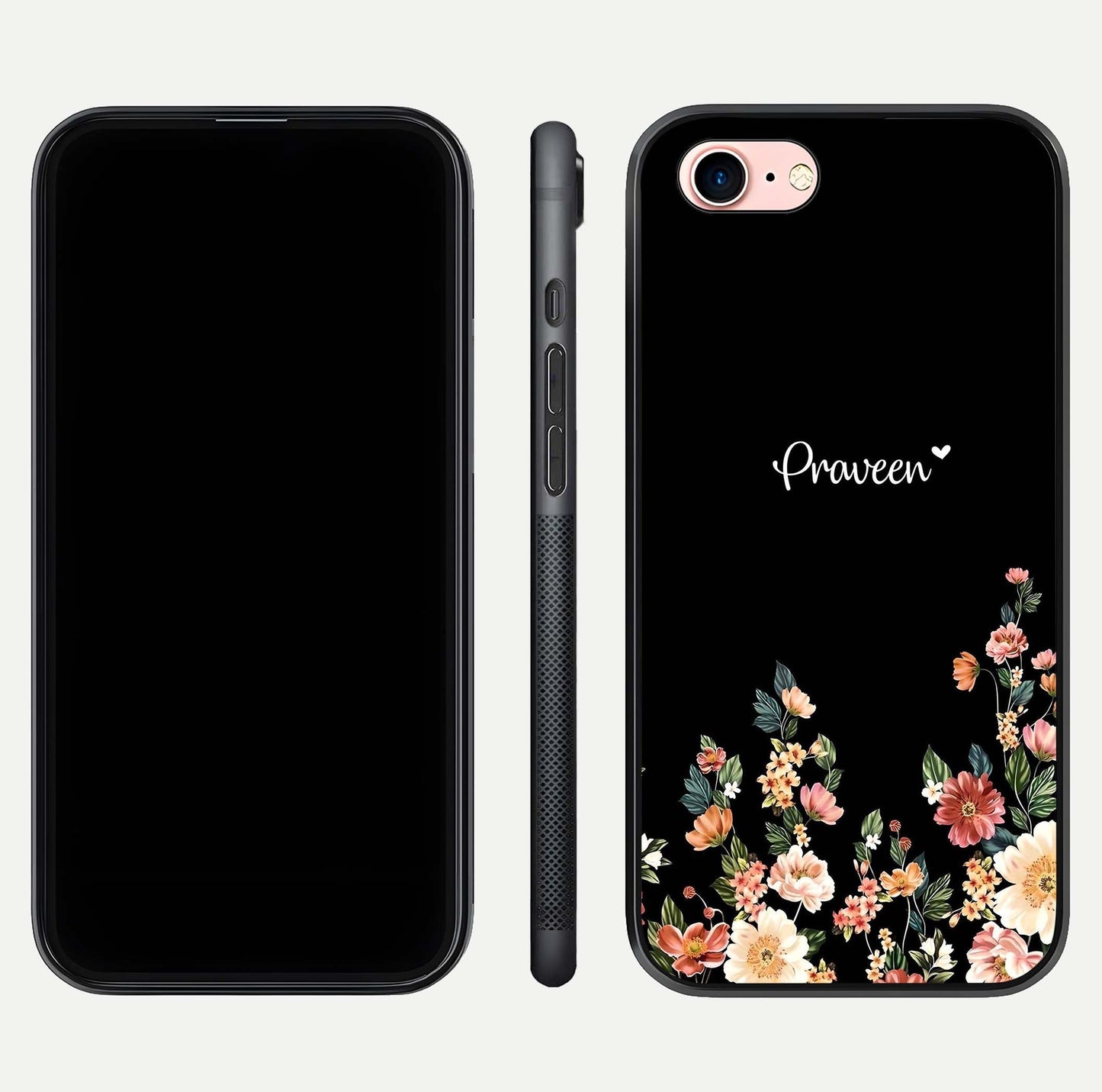 Floral Design Personalized Custom Name Glass Case for iPhone 6 Plus dual-view layout displaying artistic tones and curved finish