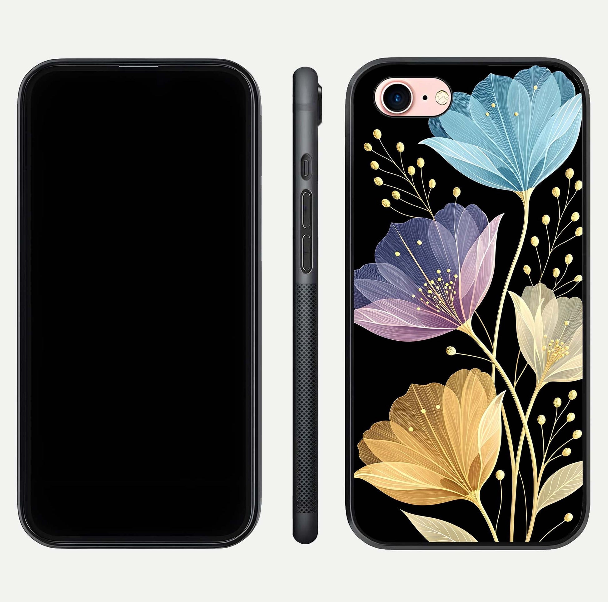 Flower Bloom Glow Glass Case for iPhone 6 Plus dual-view layout displaying petal tones and curved glass edge