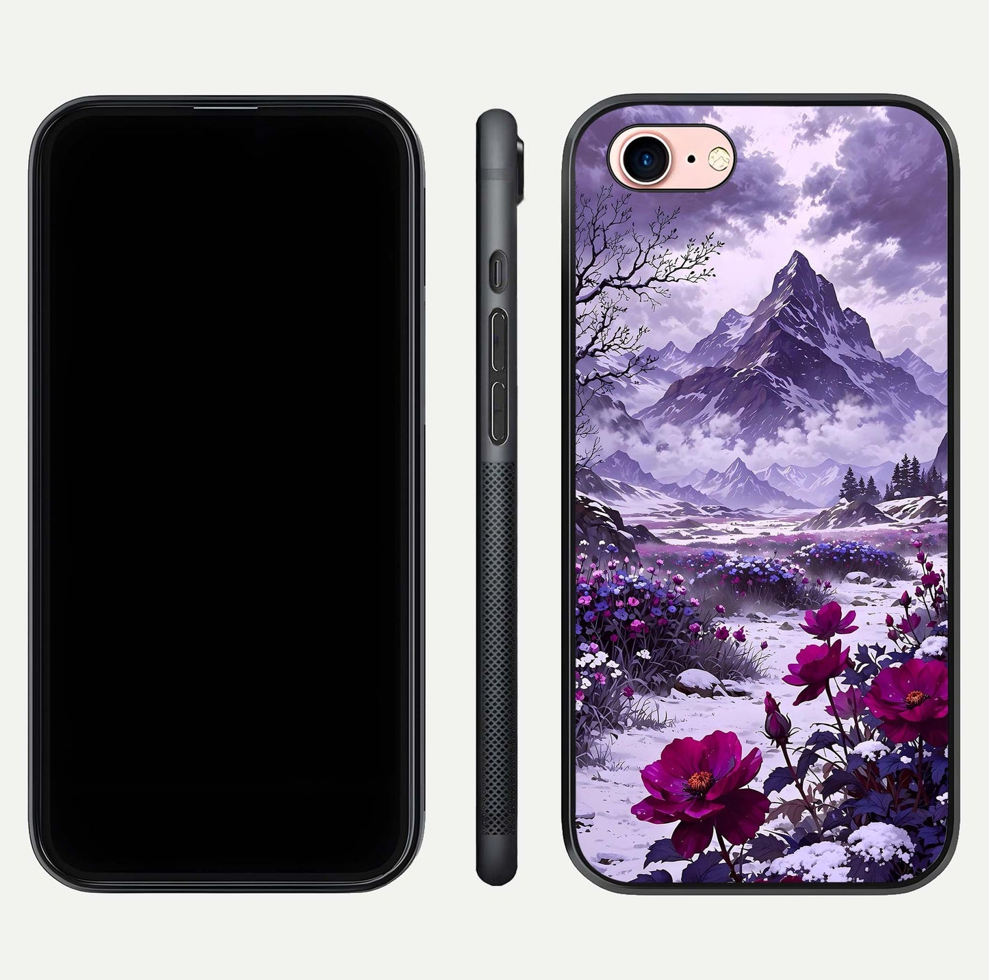 Flower Mountain View Glass Case for iPhone 6 Plus dual-view layout displaying scenic tones and curved glass finish