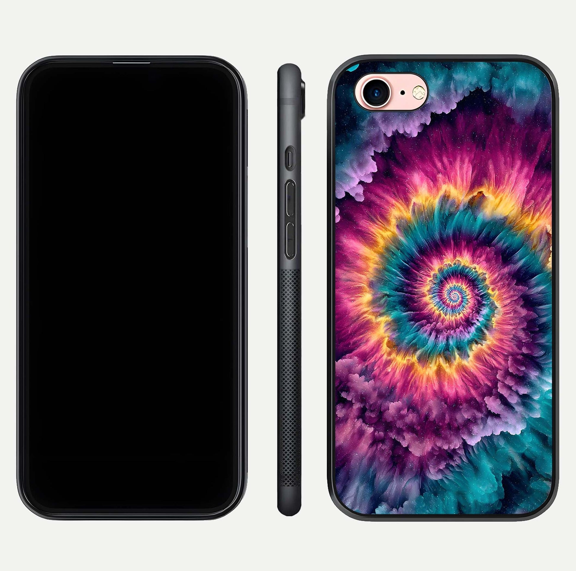 Galactic Spiral Burst Glass Case for iPhone 6 Plus front and back view layout highlighting cosmic swirl and curved edges