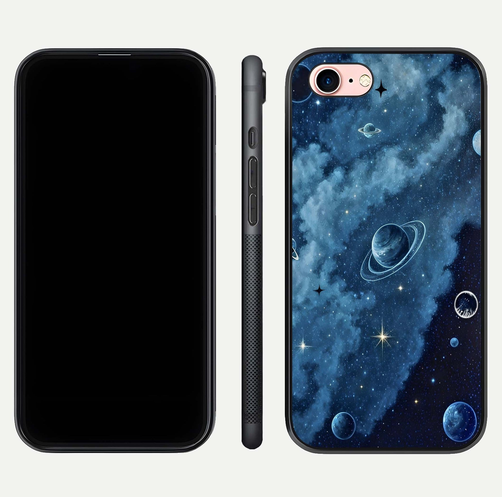 Galaxy Dream Space Glass Case for iPhone 6 Plus front and back view layout showing deep-space tones and curved edges