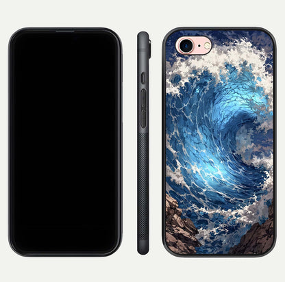 Giant Ocean Wave Glass Case for iPhone 6 Plus front and back view layout displaying sea tones and smooth curved edges