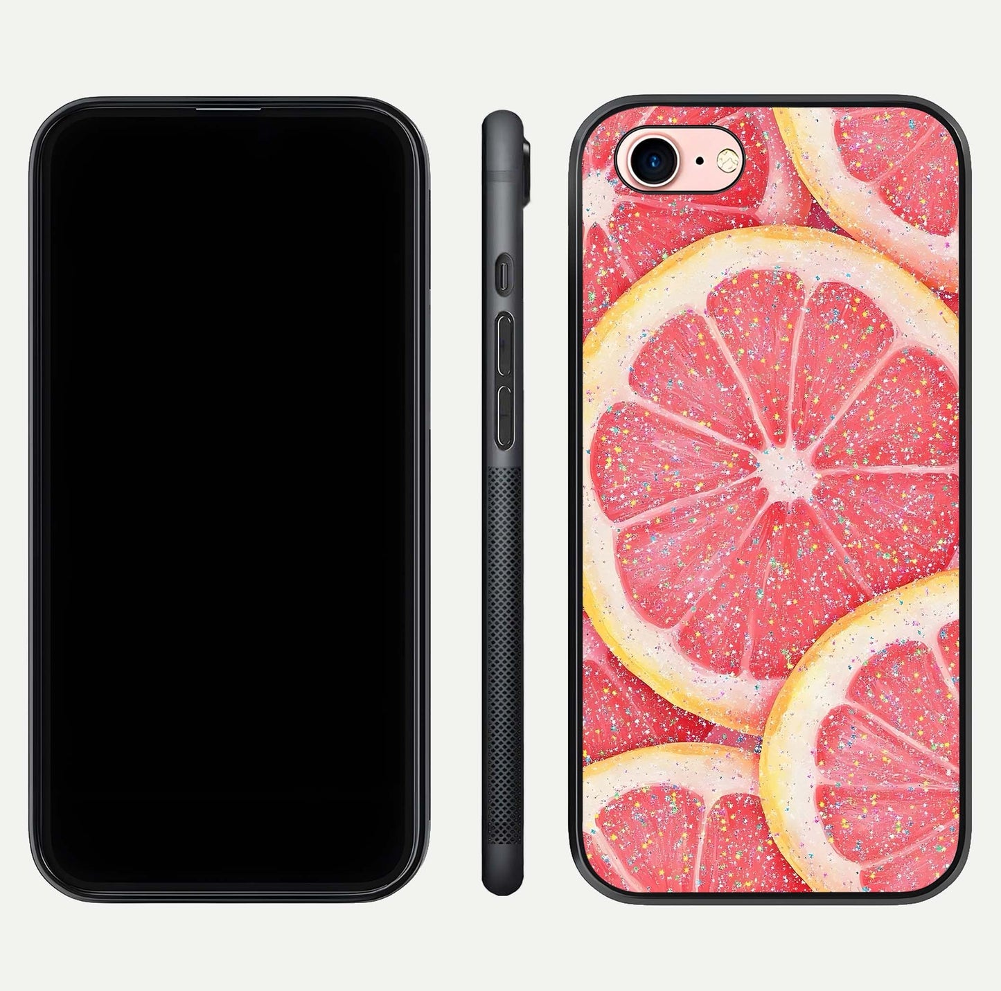 Glitter Grapefruit Glass Case for iPhone 6 Plus front and back view layout highlighting citrus hues and smooth glass