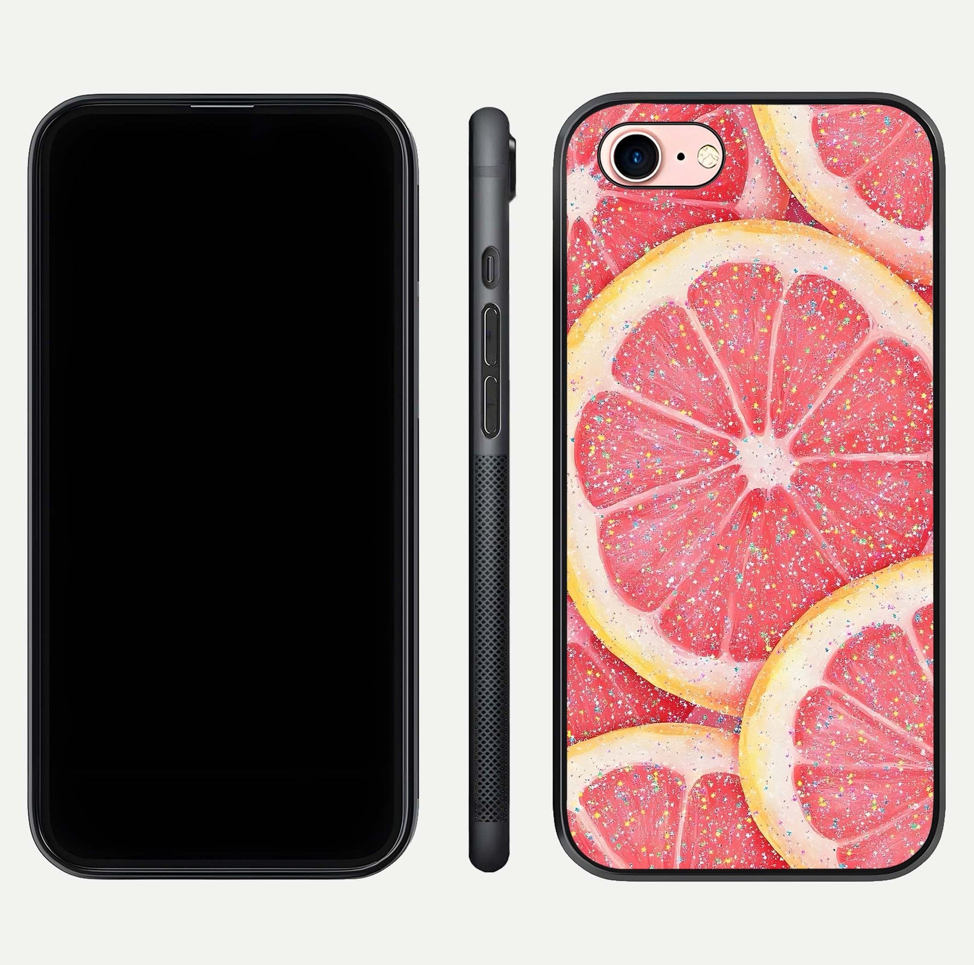 Glitter Grapefruit Glass Case for iPhone 6 Plus front and back view layout highlighting citrus hues and smooth glass