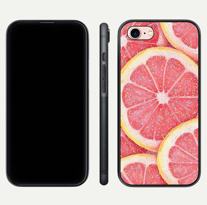 Glitter Grapefruit Glass Case for iPhone 6 Plus front and back view layout highlighting citrus hues and smooth glass