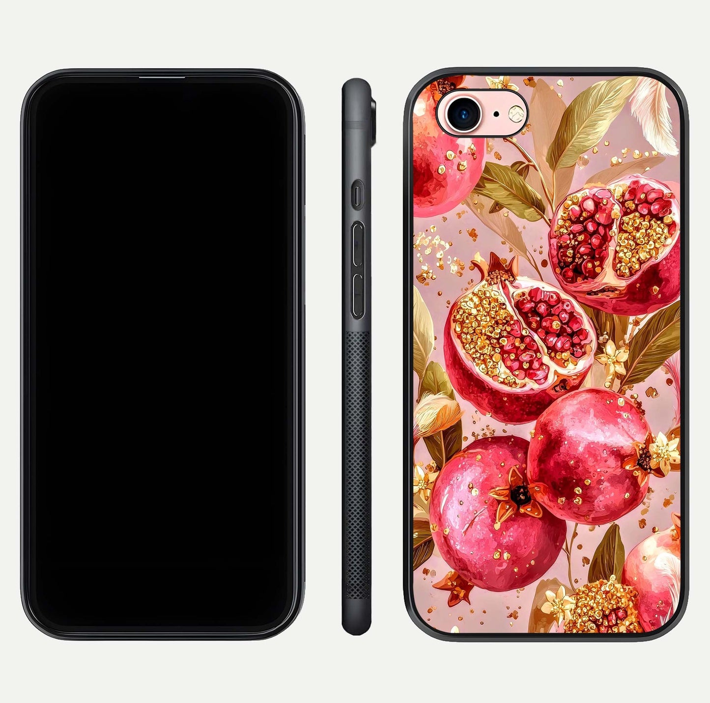 Golden Bloom Glow Glass Case for iPhone 6 Plus front and back view layout highlighting luxury floral pattern and curved edges