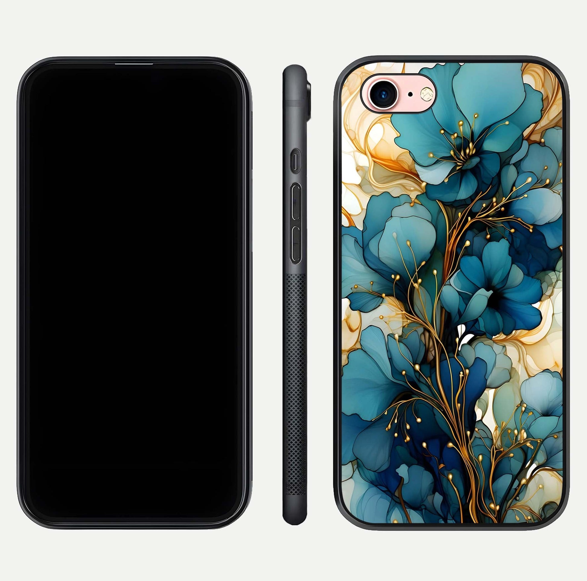 Golden Bloom Symphony Glass Case for iPhone 6 Plus front and back view layout highlighting rich floral tones and curved glass edges