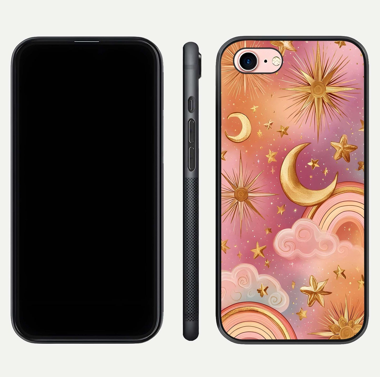 Golden Celestial Dreams Glass Case for iPhone 6 Plus front and back view layout highlighting celestial motifs and smooth curved edge