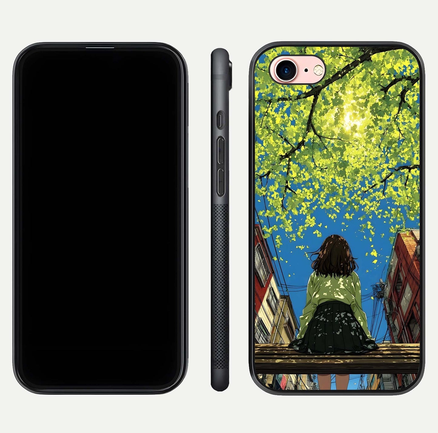 Golden Leaves Glow Glass Case for iPhone 6 Plus front and back view layout highlighting glowing tones and curved edges