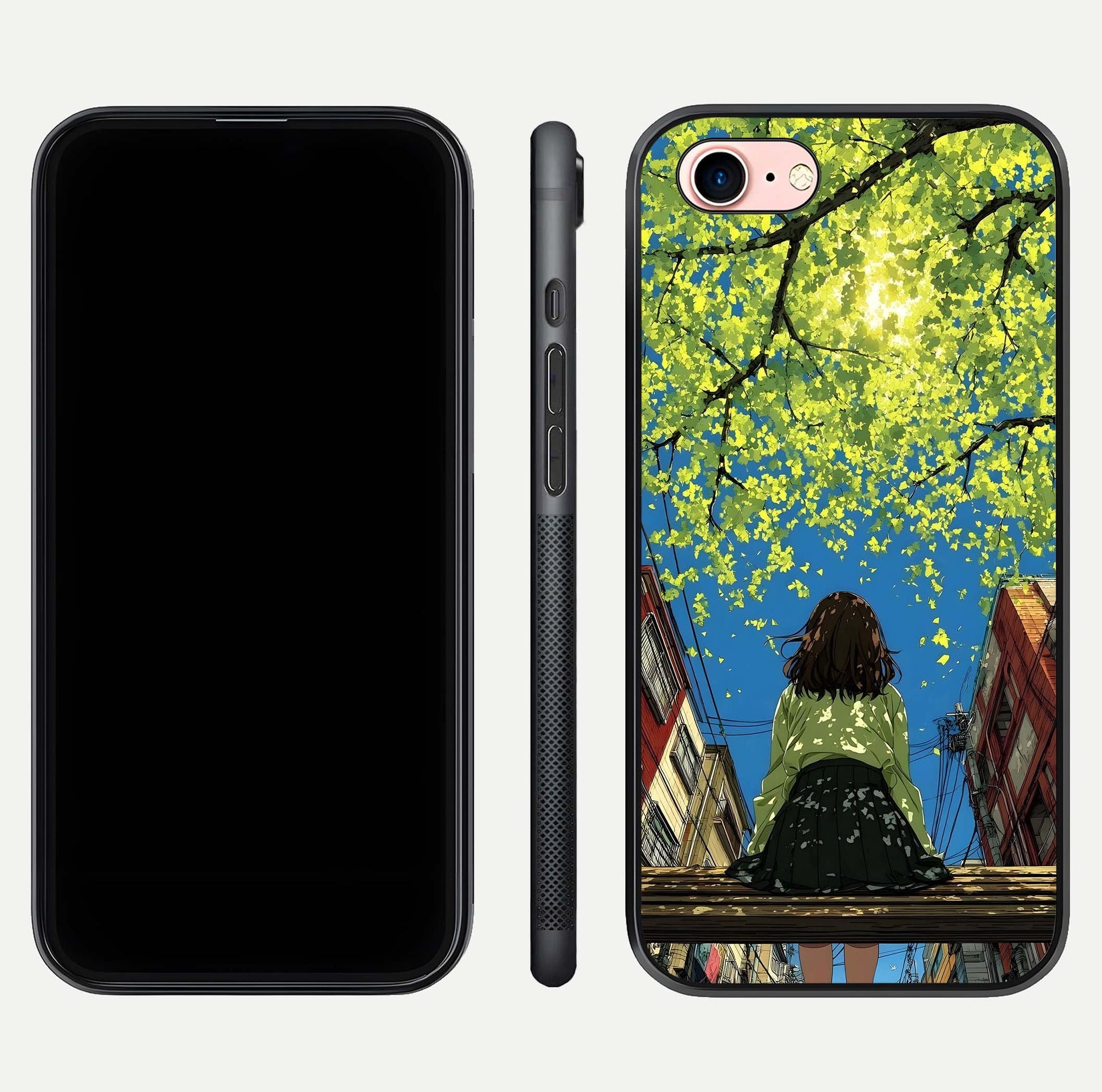 Golden Leaves Glow Glass Case for iPhone 6 Plus front and back view layout highlighting glowing tones and curved edges
