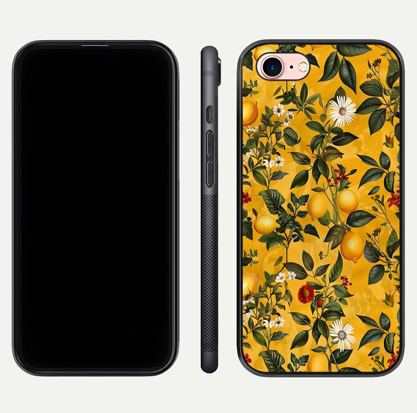 Golden Lemon Field Glass Case for iPhone 6 Plus front and back view layout highlighting fruity tones and curved glass edges
