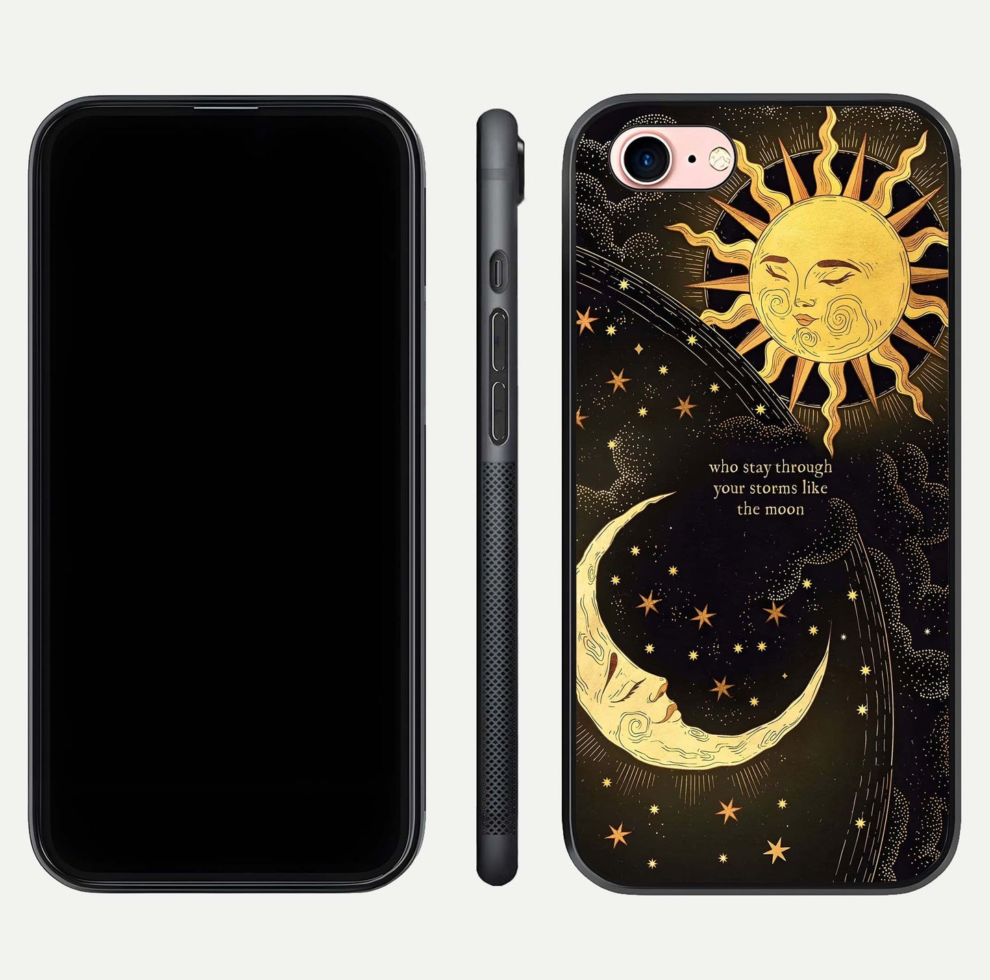 Golden Lunar Love Glass Case for iPhone 6 Plus front and back view layout highlighting celestial tones and curved edges