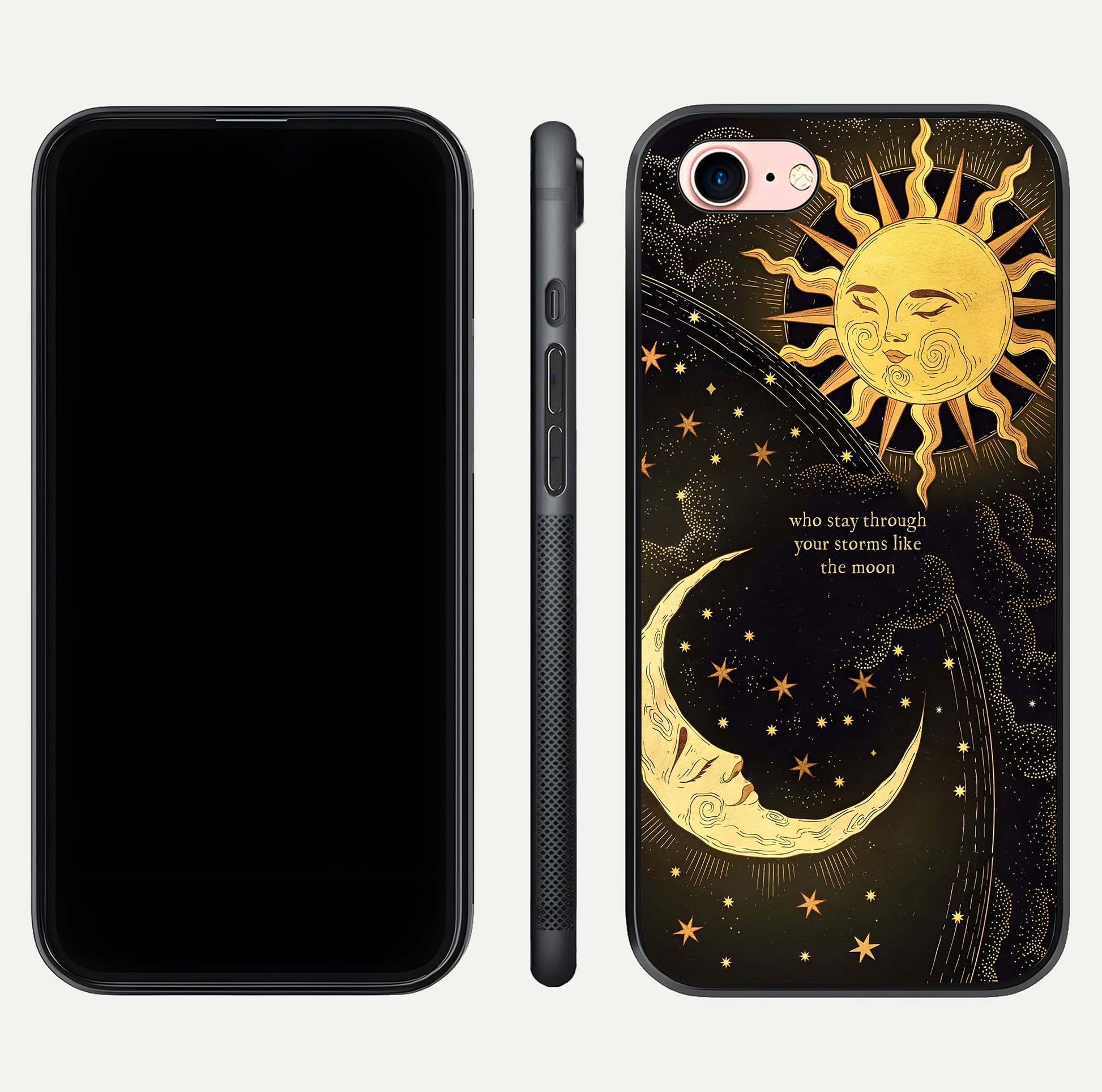 Golden Lunar Love Glass Case for iPhone 6 Plus front and back view layout highlighting celestial tones and curved edges