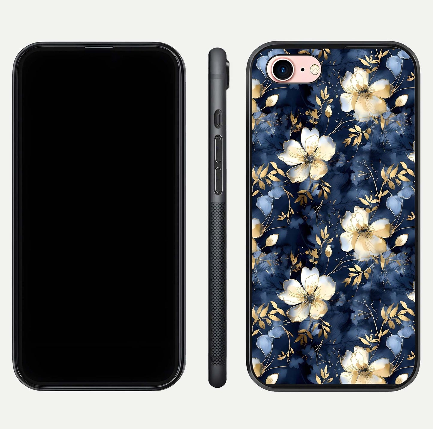 Golden Midnight Bloom Glass Case for iPhone 6 Plus front and back view layout highlighting dark-gold tones and smooth curves
