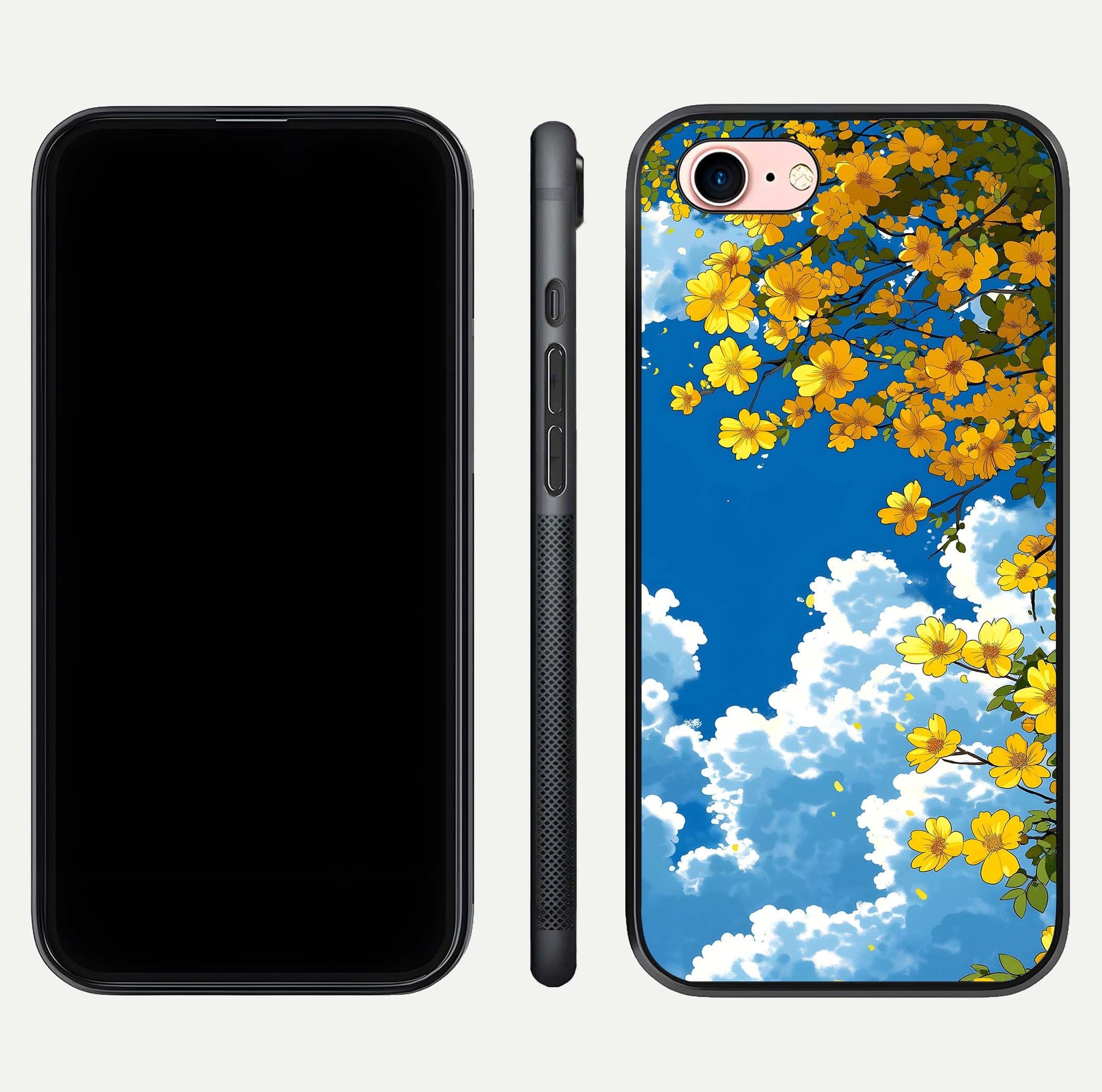 Golden Petal Sky Glass Case for iPhone 6 Plus front and back view layout highlighting floral pattern and curved glass edges