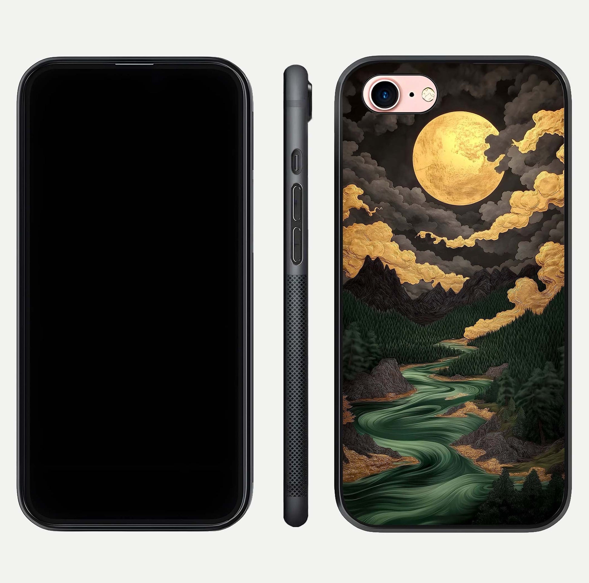 Golden River Moon Glass Case for iPhone 6 Plus front and back view layout displaying celestial glow and smooth curves