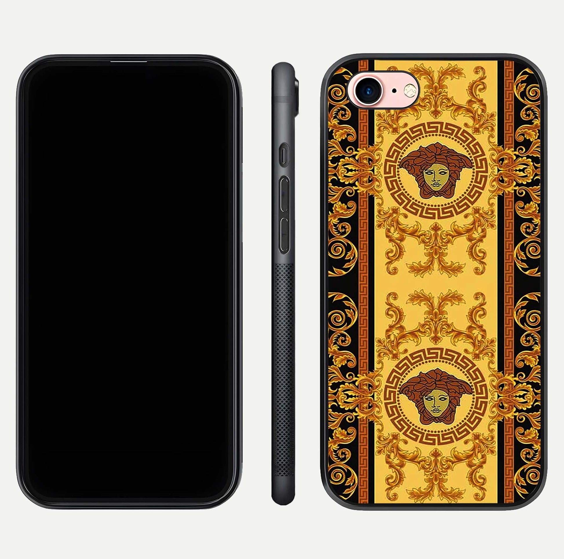 Golden Royal Heritage Glass Case for iPhone 6 Plus front and back view layout displaying ornate gold texture and curved edges