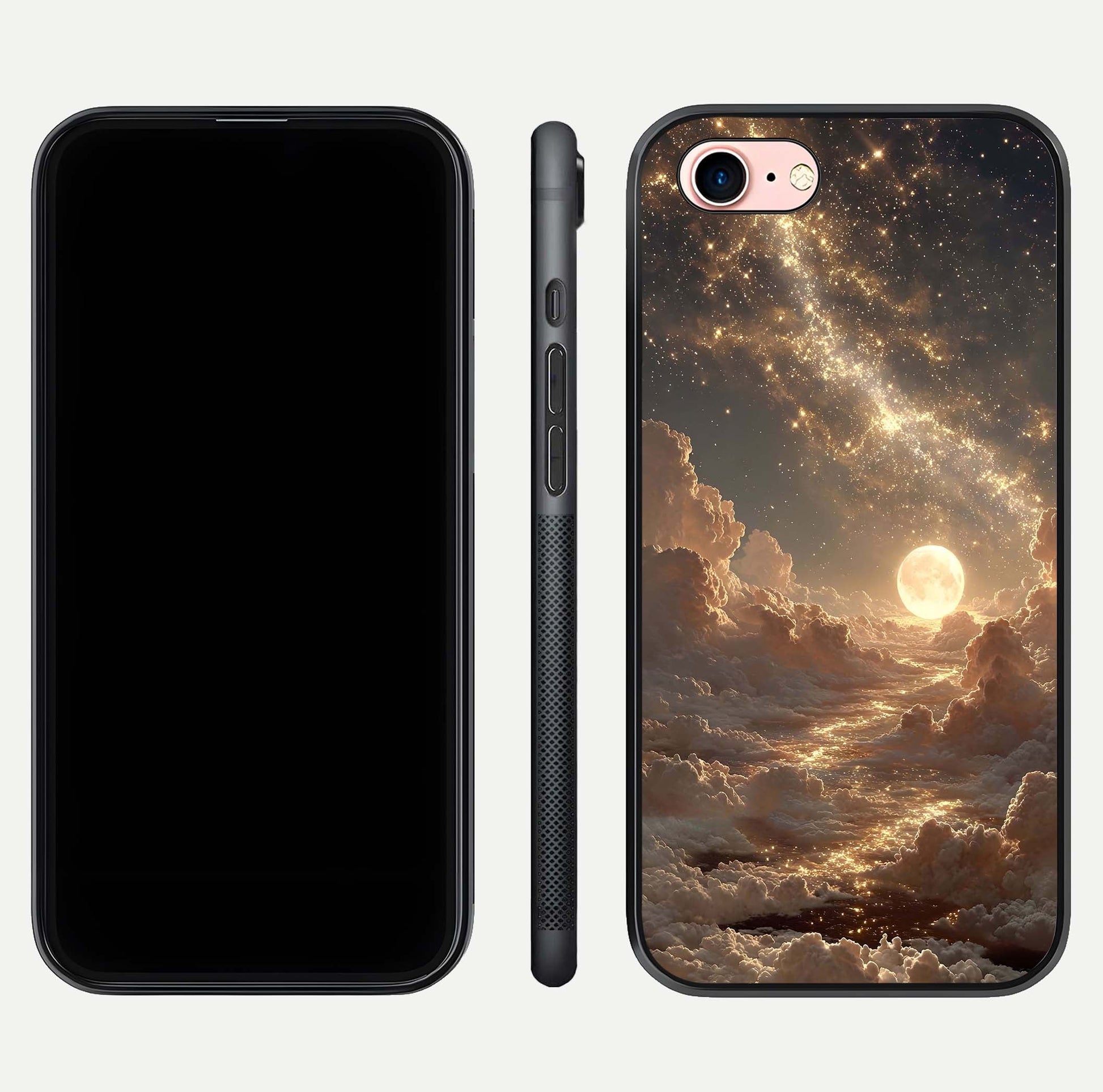 Golden Sky Dream Glass Case for iPhone 6 Plus front and back view layout highlighting celestial gold hues and curved glass
