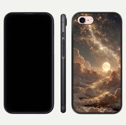 Golden Sky Dream Glass Case for iPhone 6 Plus front and back view layout highlighting celestial gold hues and curved glass