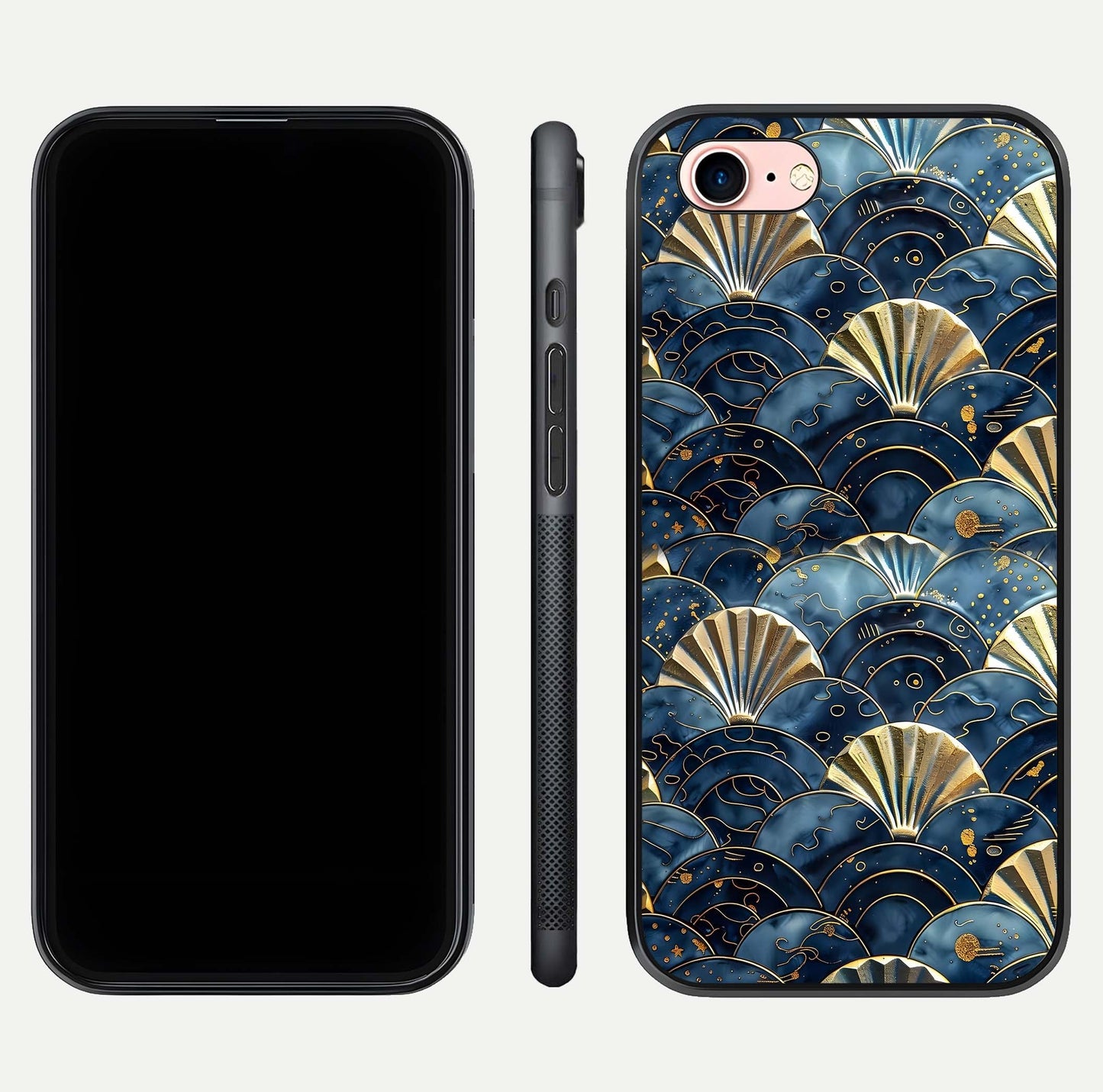 Golden Wave Luxe Glass Case for iPhone 6 Plus front and back view layout highlighting fluid gold design and curved glass